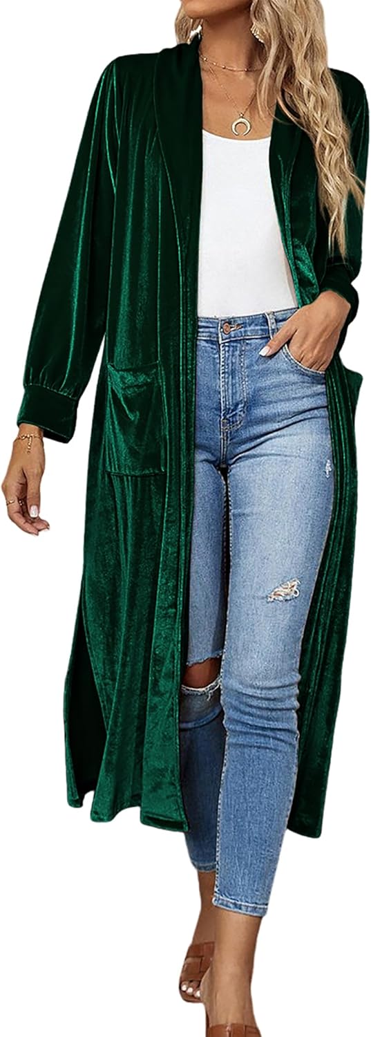 Women's Fall Velvet Duster Cardigan Jackets Vintage Solid Long Sleeve Open Front Side Slit Midi Coat with Pockets