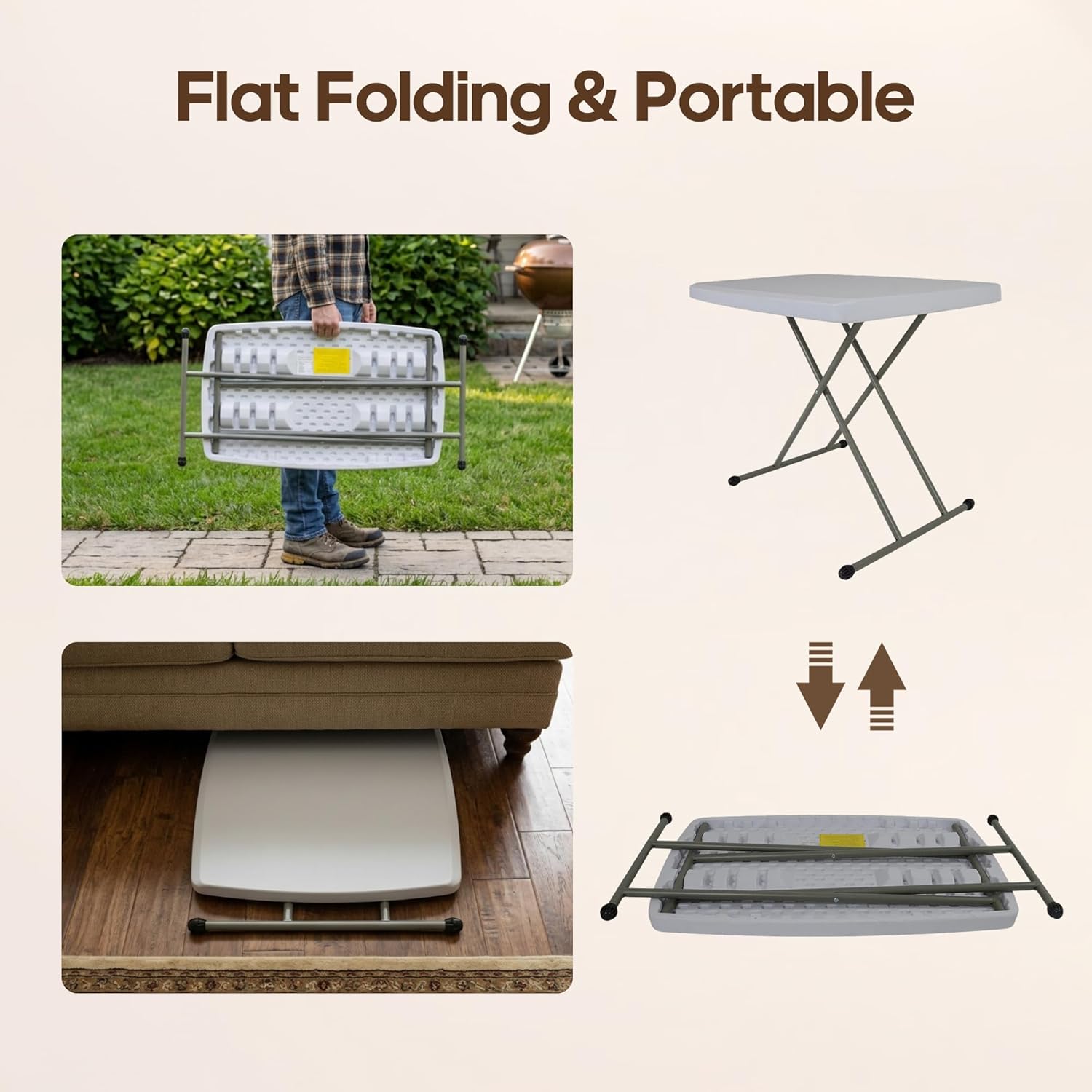 30 Inch Folding Table, 5-Level Height Adjustable TV Tray for Small Spaces, HDPE Tabletop Small Folding Table Portable for Laptop, Dining, Camping, 200 lbs Weight Capacity, No Assembly