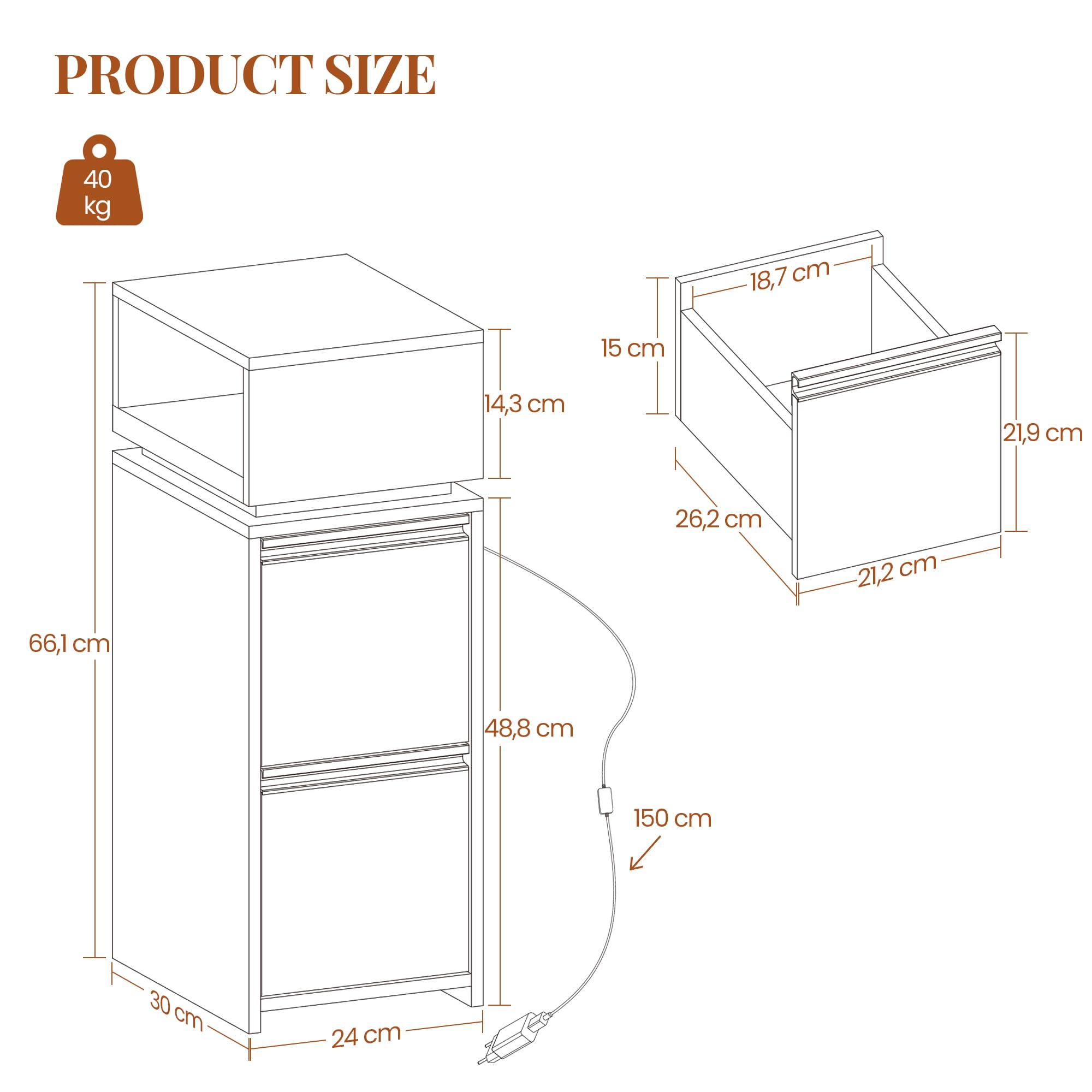 HEXCELEN Comodino Stretto, Set di 2, Comodino con Luce LED, Tavolino con 2 Cassetti e 1 Spazio Aperto, Mobile Salvaspazio per Camera da Letto, per Camera da Letto, Soggiorno, Moderno, Bianco