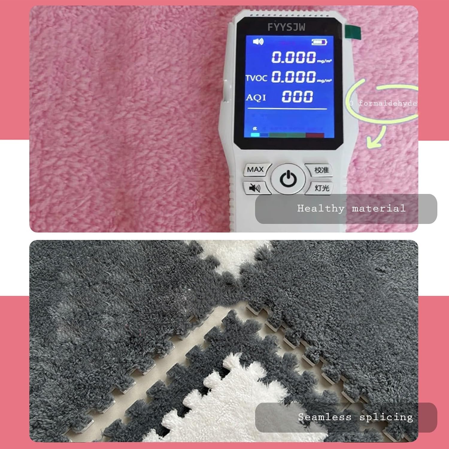 Packung mit 24 ineinander greifenden Plüschschaumstoffmatten, quadratische Bodenpuzzle-Schaumstoffmatten(White+Pink+Gray,30x30x0.6cm)
