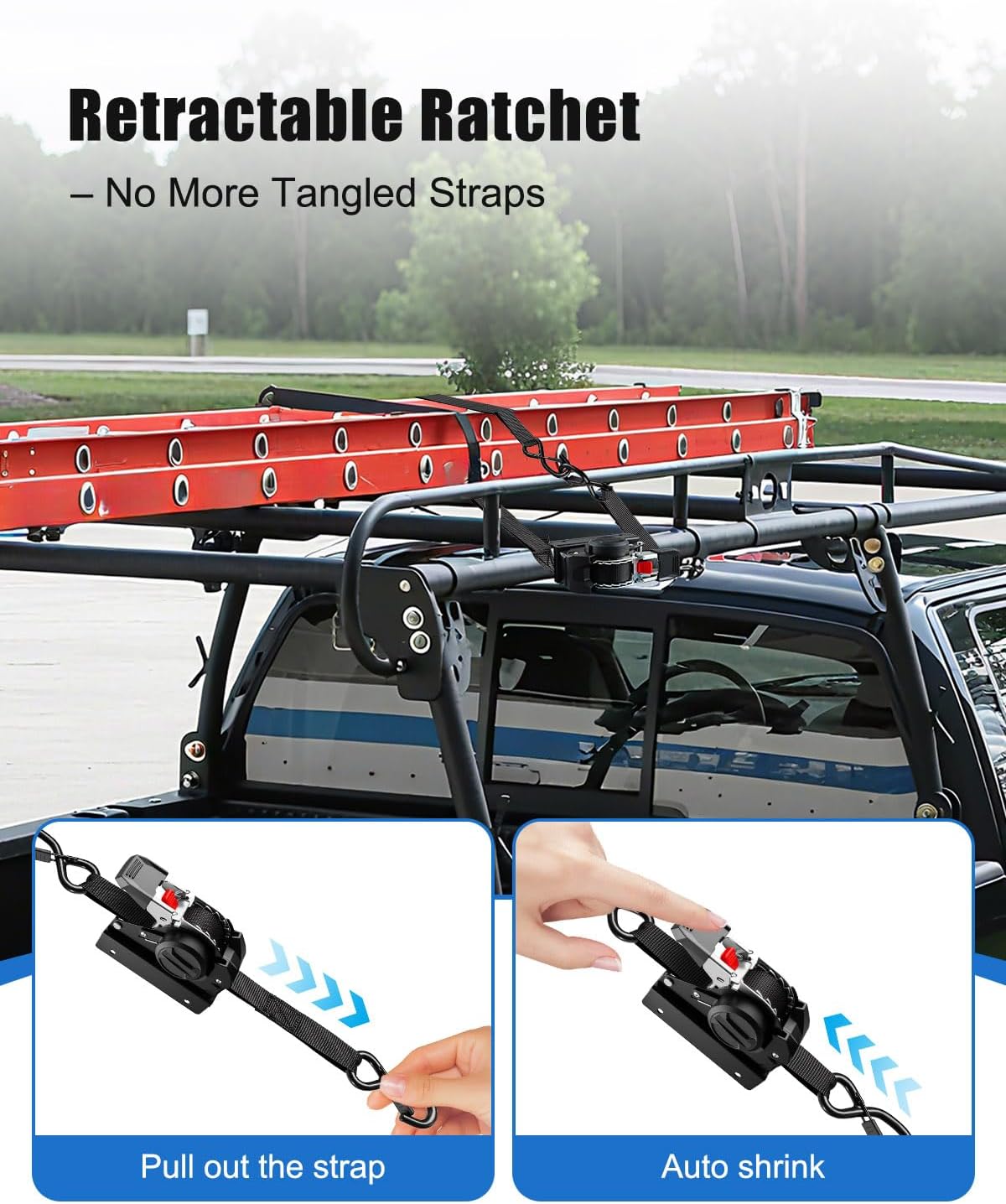 Ladder Rack Straps Tie-Down System with Double J Hooks, Heavy-Duty Retractable Ratchet Straps for Truck, Trailer, SUV, Boat, and PVC/Wood/Ladder Cargo, Fits Round Ladder Racks with 9.8 Feet Straps - Image 3