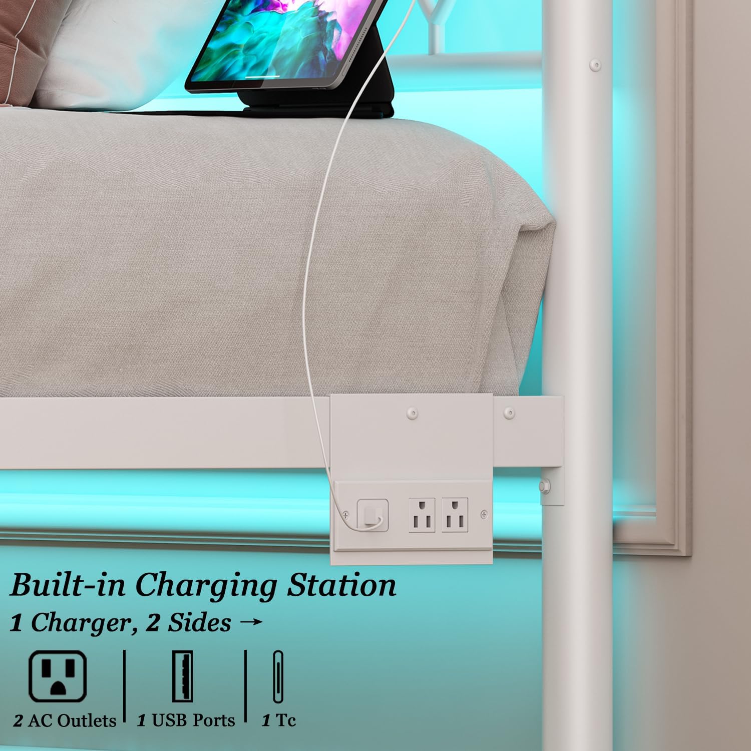 Twin Size Bed Frame with Headboard,White Metal Platform Bed Frame Twin Size with Charging Station & LED Lights,12-Inch Under Bed Storage,No Box Spring Needed,Noise Free,Easy to Assemble - Image 4