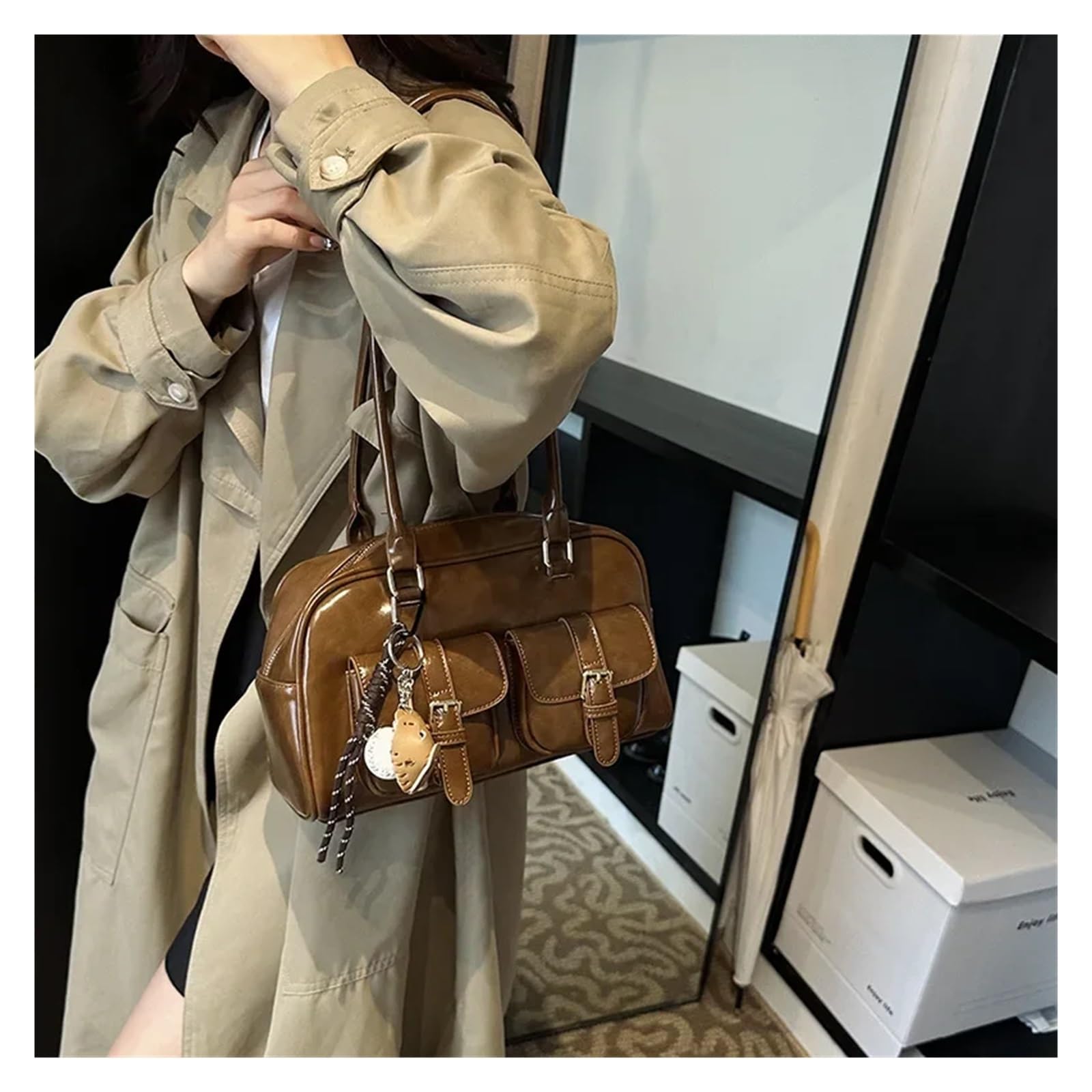Bolso bandolera Retro Leather Pillow Bag Women's Commuter Bowling Handbag Shoulder Polyester Fiber Internal Structure