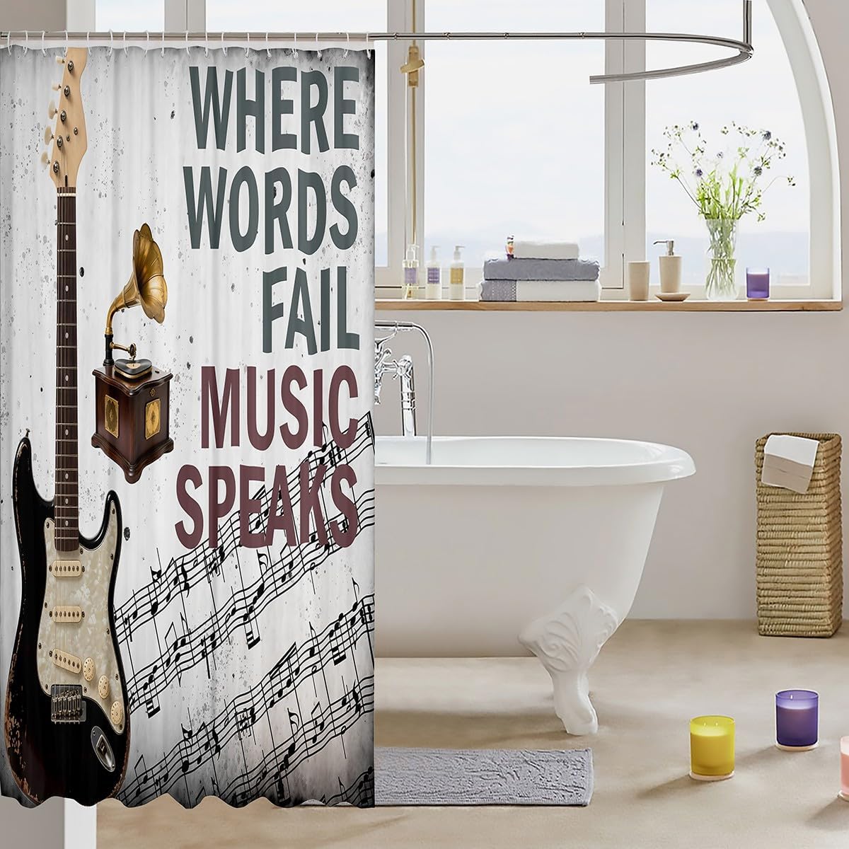 jejeloiu Guitar Print Shower Curtain for Bathroom Decor Musical Note Bath Curtain for Stalls Bathtubs Music Themed Bathroom Accessories Luxury Waterproof Polyester Fabric with 12 Hooks 72"x72" image 3