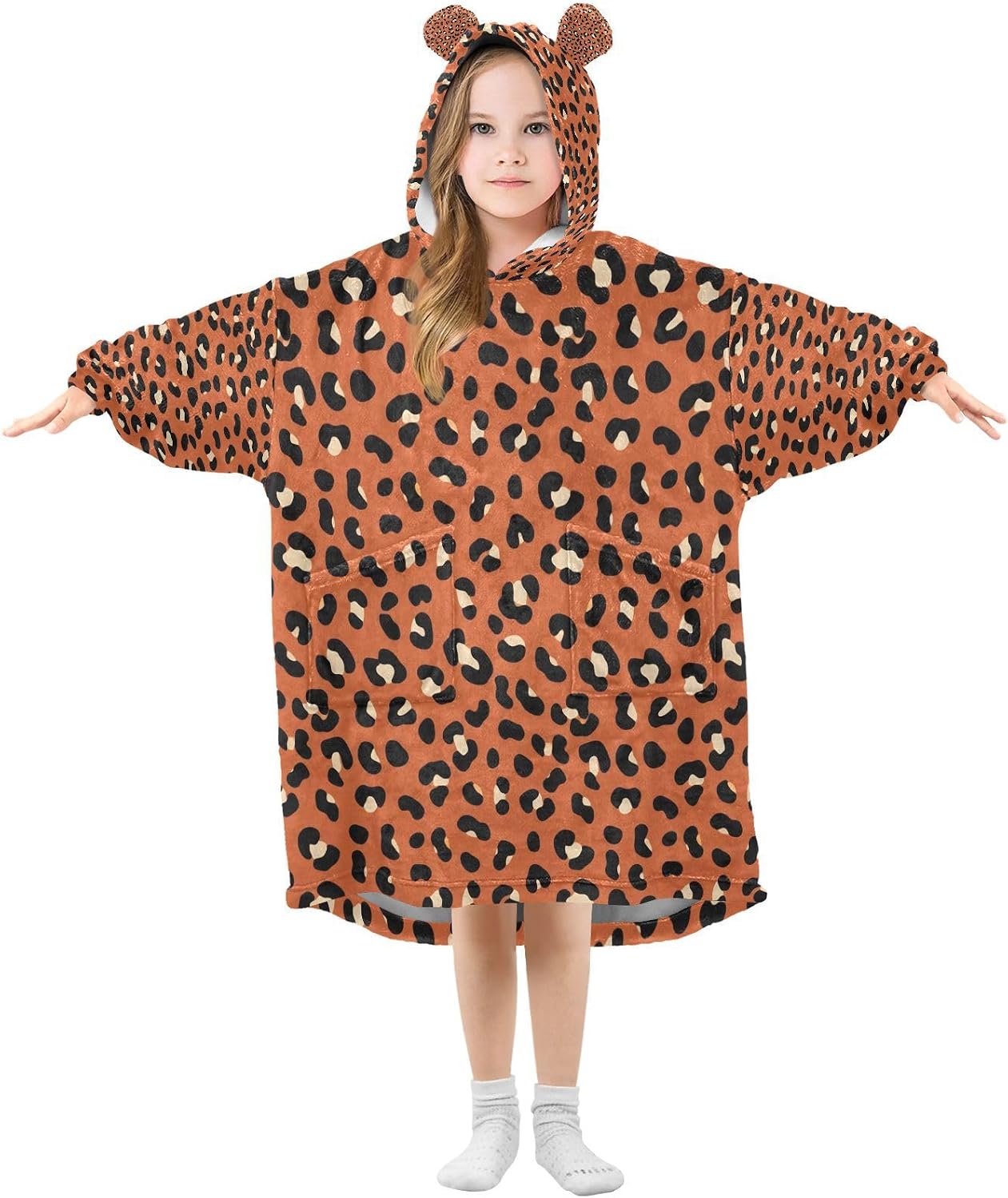 Kigai Leopard Print Wearable Blanket Hoodie for Kids Oversized Hooded Sweatshirt Flannel Blanket with Pocket