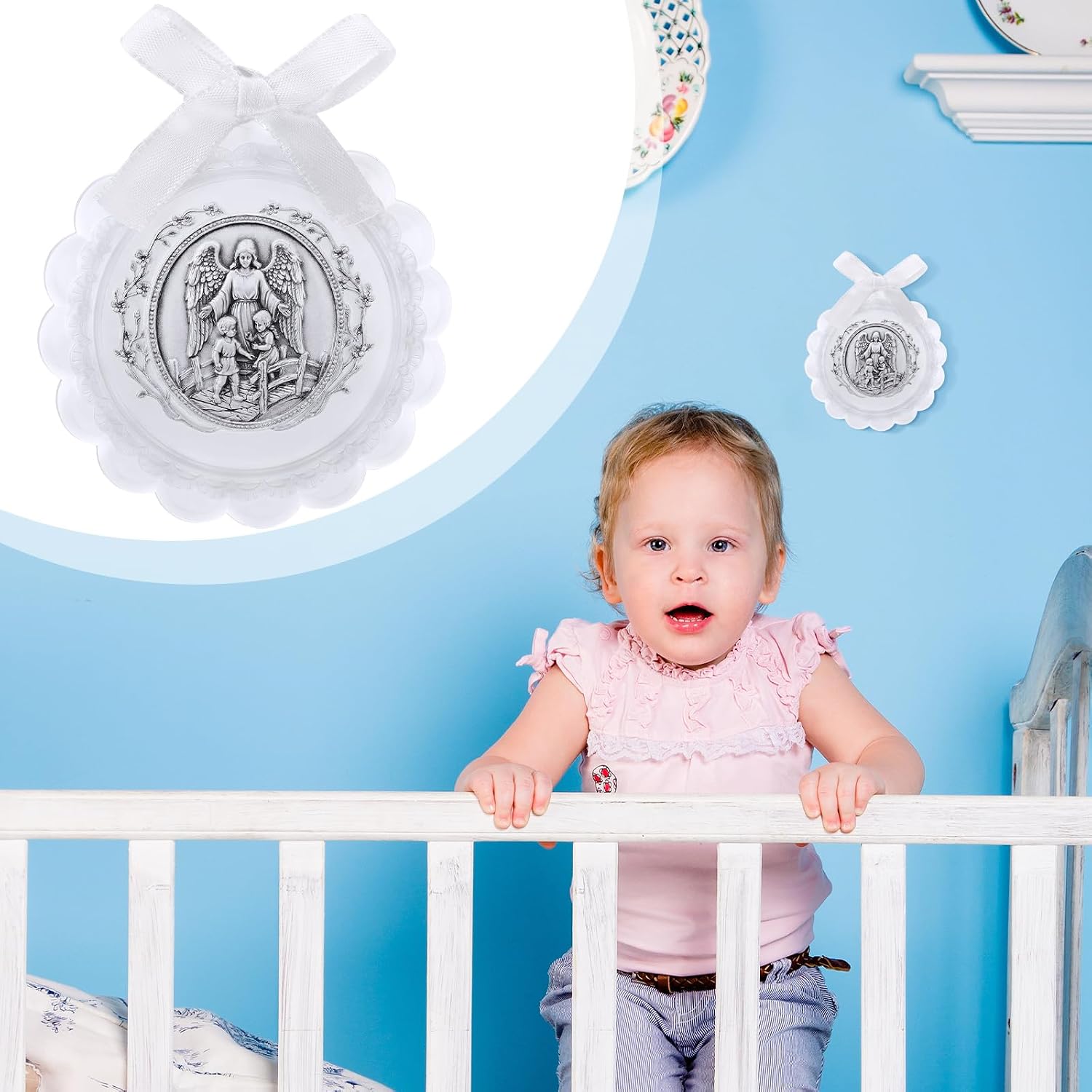 Kenning White Crib Medal Catholic with Guardian Angel Acrylic White Ribbon Round Religious Crib Medal for Baby Boys Girls Ornament Nursery Baptism Christening Gift, 3.4 Inch