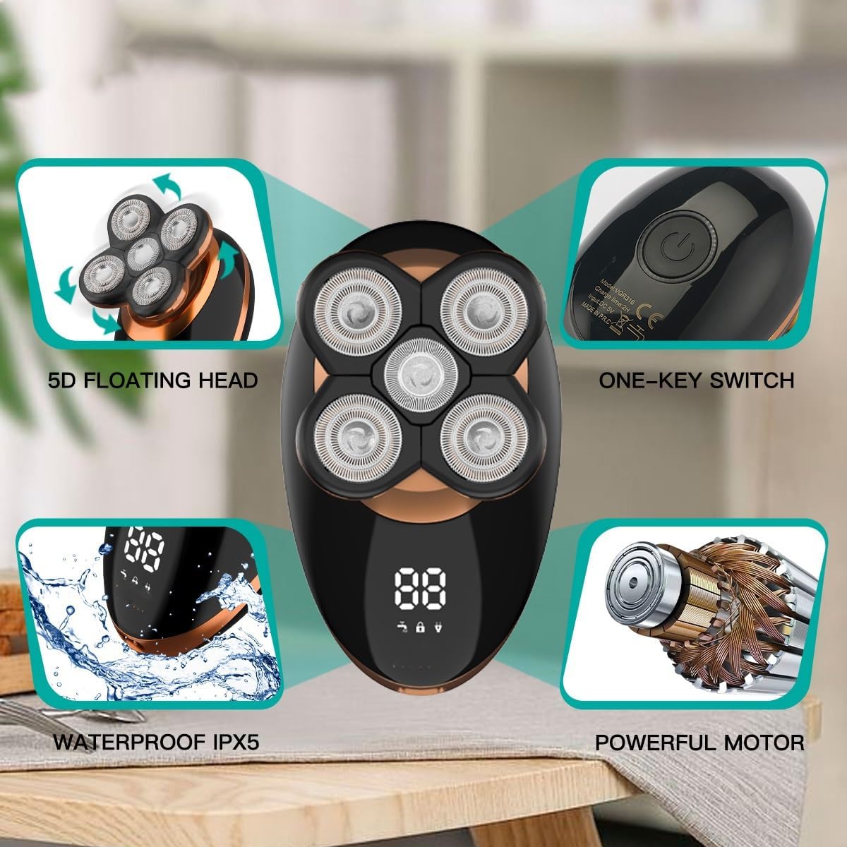 Head Shaver for Men, Razors Professional Beard Shaver Waterproof Beard Trimmer 5d Floating Rotary Haircut 5 in 1 Shaver Trimmer for Men