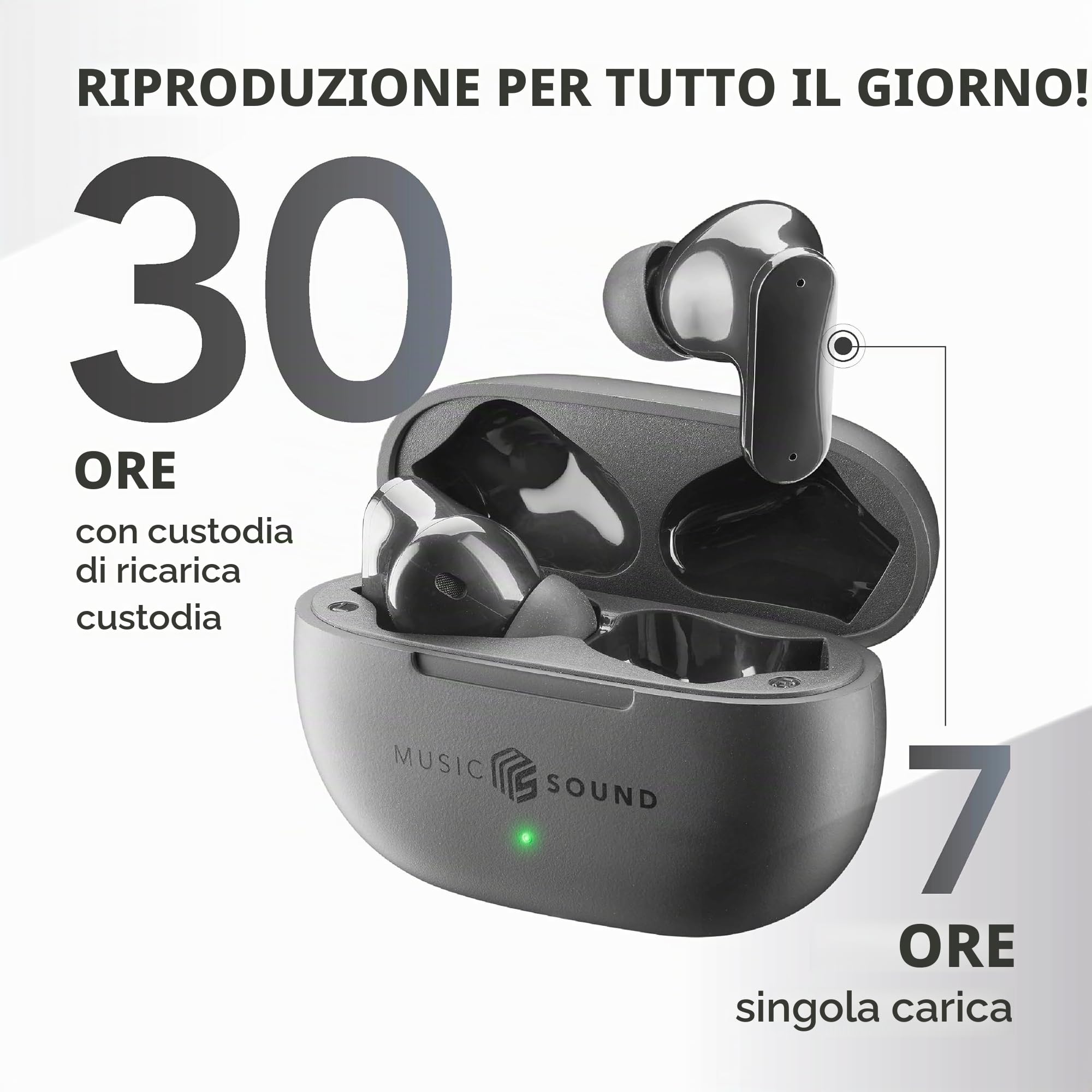 Music Sound – Auricolari TWS Bluetooth SHIELD – Wireless – Design In-Ear – Tecnologia ANC Active Noise Cancelling - Play Time 30 Ore – Modalità Trasparency – Nero
