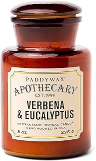 Artisan Apothecary Scented Candle with Lid in Reusable Glass Jar, Clean-Burn Soy Candle with Approx. 54 Hour Burn Time, Verbena & Eucalyptus, 8 oz.