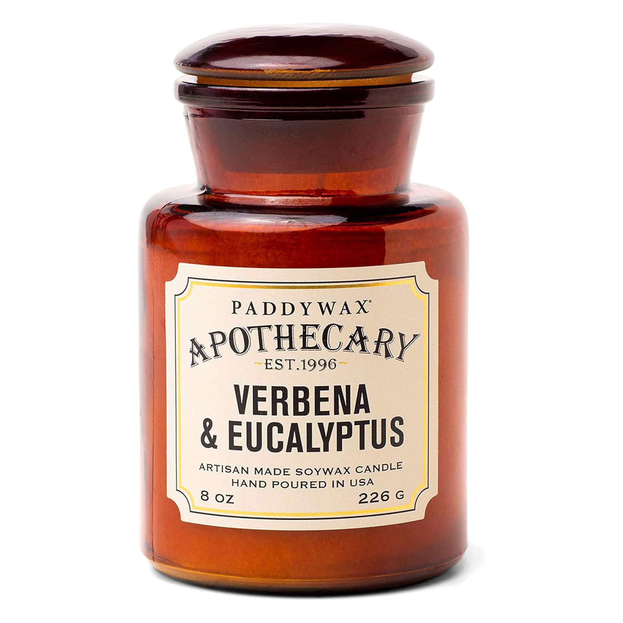 Paddywax Artisan Apothecary Scented Candle with Lid in Reusable Glass Jar, Clean-Burn Soy Candle with Approx. 54 Hour Burn Time, Verbena & Eucalyptus, 8 oz.