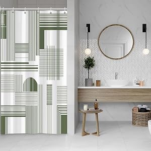 Leowefowa Mid Century Minimalist Shower Curtains Green and White Geometric Striped Lines Abstract Bohemian Shower Curtain Sets 36Wx72L Simple Art Aesthetic Bath Curtain Bathtub Accessories Decor