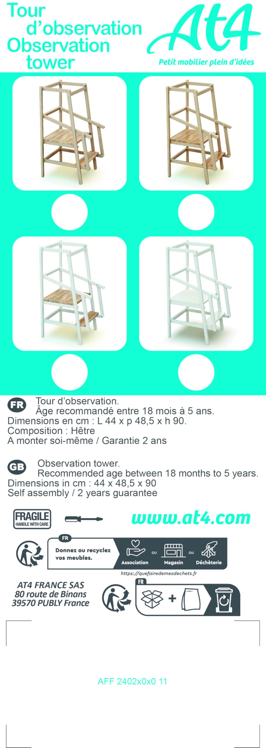 AT4 - Lernturm für Kinder ESSENTIEL Holz Weiß | Lernturm aus Holz 100 x 97 x 164,5 cm | 2-fach höhenverstellbar | Einstiegsstufe und Sicherheitsrampe | Einstiegsstufe