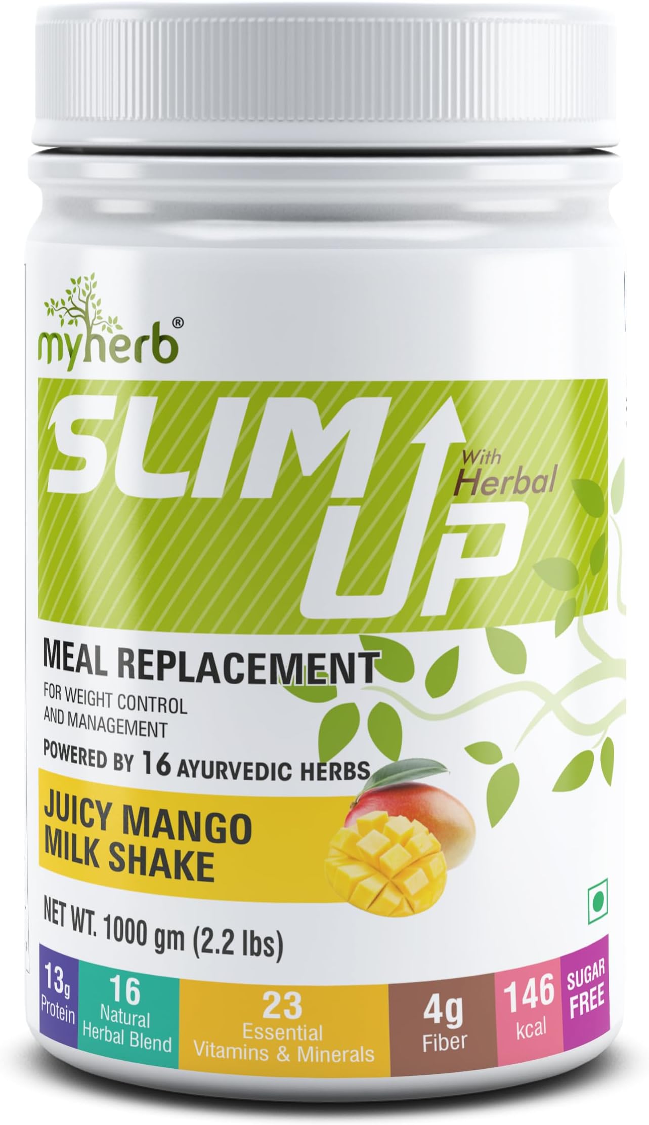 MYHERB Slim Up Meal Replacement Shake With 15 Natural Herbal Blend (Ayurvedic Formula) For Weight Control&Management-13.5g Protein-23 Vitamins For Men&Women (Juicy Mango Milk Shake, 1000 gm)
