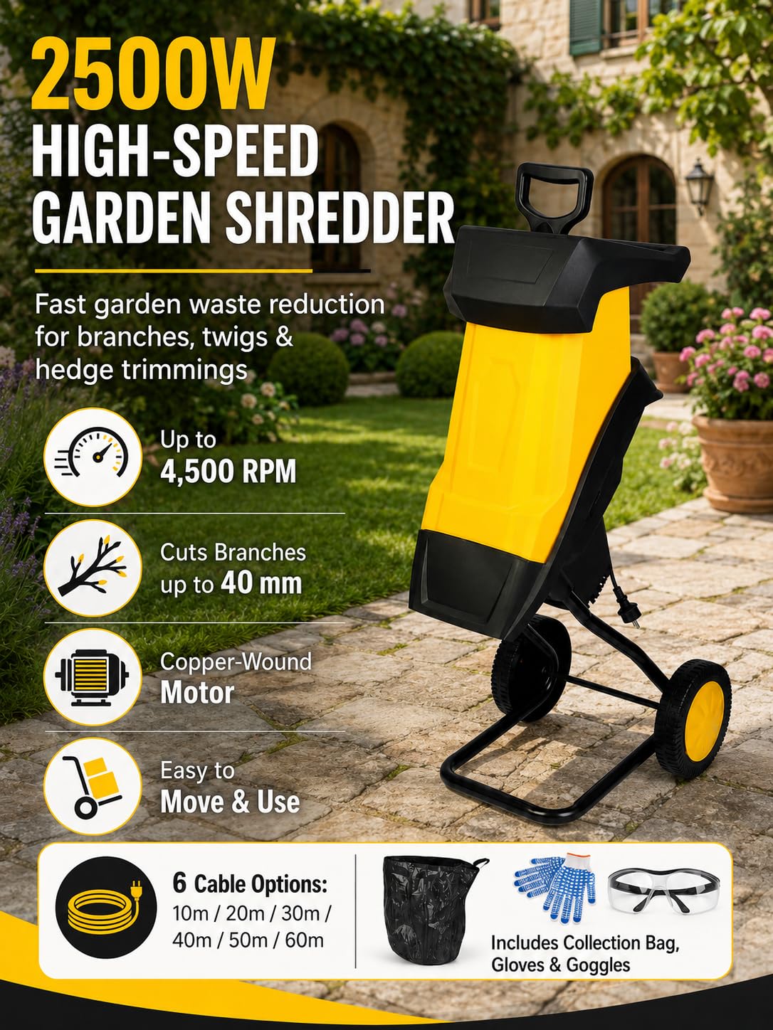 Trituradora de Jardín Eléctrica 2500 W 20m | Biotrituradora para Ramas, Ramitas y Setos hasta 40 mm, Motor de Cobre, Ruedas y Bolsa de Recogida
