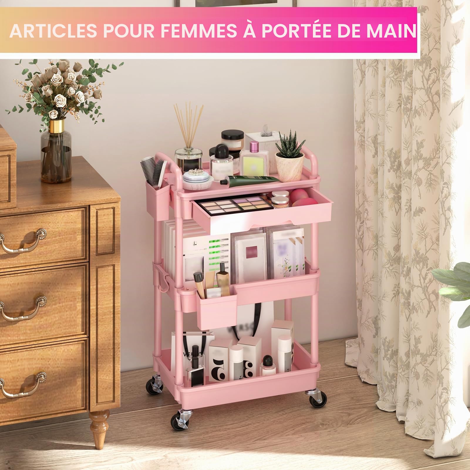 Yeabett Chariot de rangement à 3 niveaux, chariot utilitaire sur roulettes avec tiroir pour cuisine, salle de bain, bureau, salon, rose