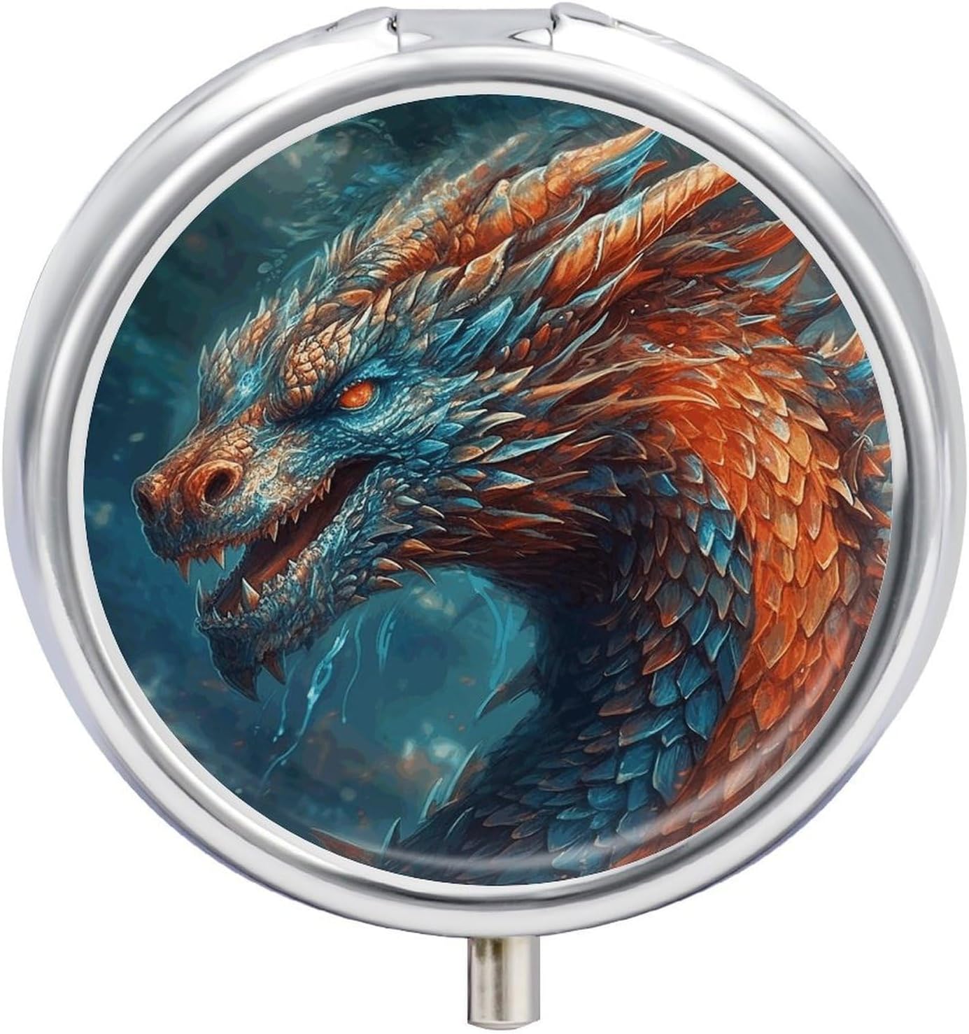 Round Daily Dragon Art Pill Case with 3 Compartment & Mirror