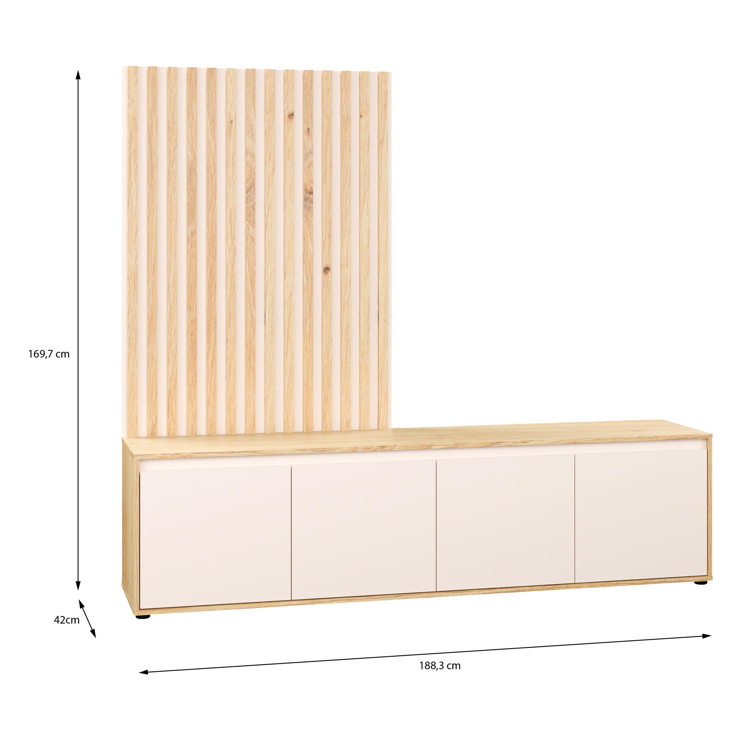 Forte SKELPE Wohnwand 190, Moderne Skandi Stil Wohnwand mit Lowboard 4-türig und Latten-Wandpaneele, Artisan Eiche Holzdekor/Kaschmir Beige, 188,3 cm breit x 169,7 cm hoch x 42 cm tief