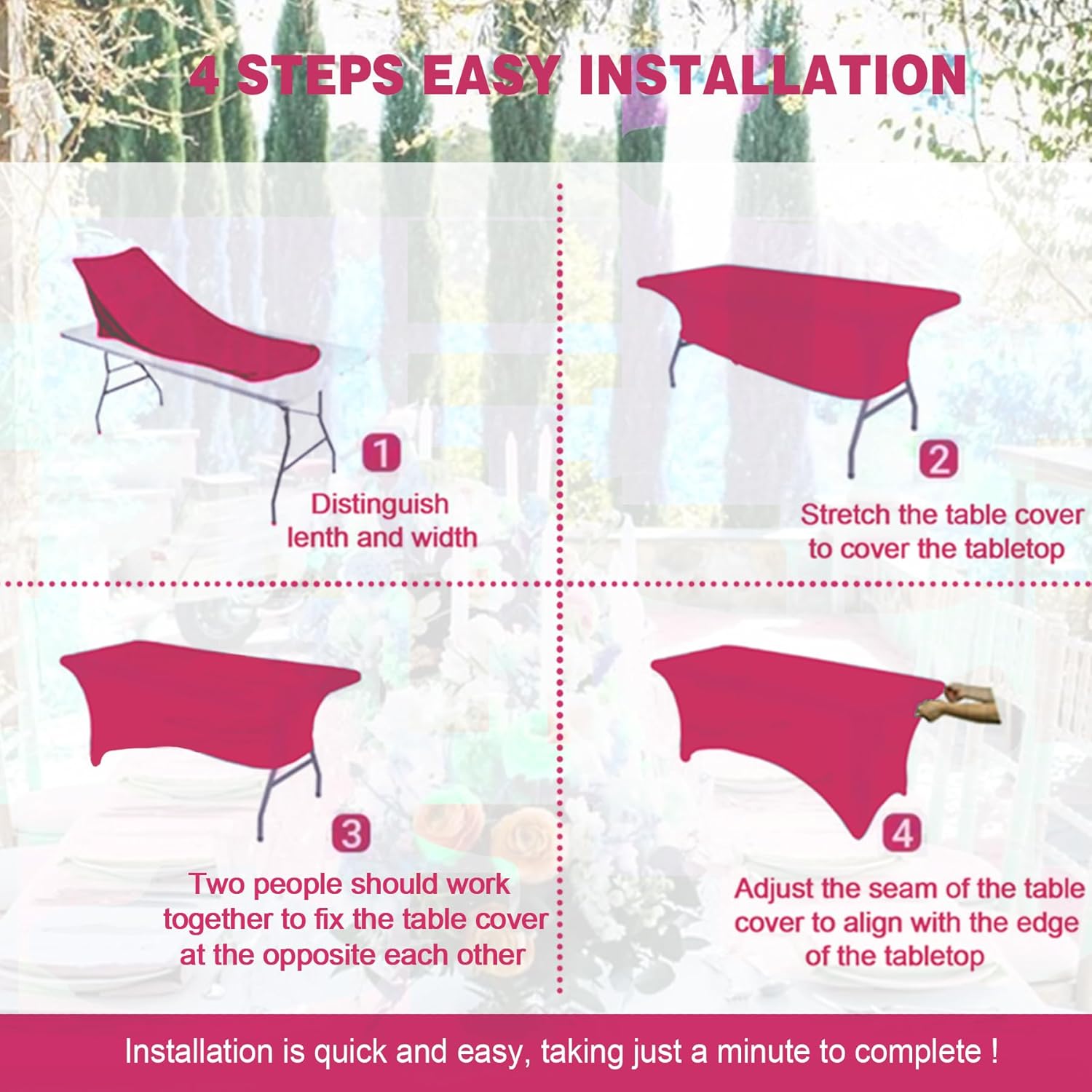 FOLINS&HOME 2 Pack Fuchsia 8ft Fitted Rectangle Tablecloth with Elastic, Water Resistant Washable Spandex Table Cover for 8 Foot Tables, Stretch Table Cloth for Weddingss, Banquetss, Parties (2 Pcs)