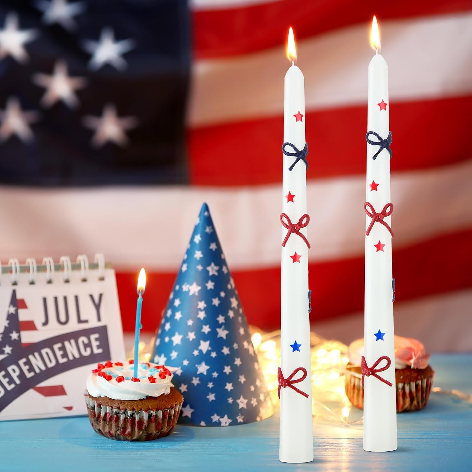 Nuanchu 4 Pack 4th of July Taper Candles 10 Inch 250th Anniversary 1776-2026 Patriotic America Candle Decor White Red Blue Bow Star Candlesticks for Memorial Independence Day Holiday Table Decoration