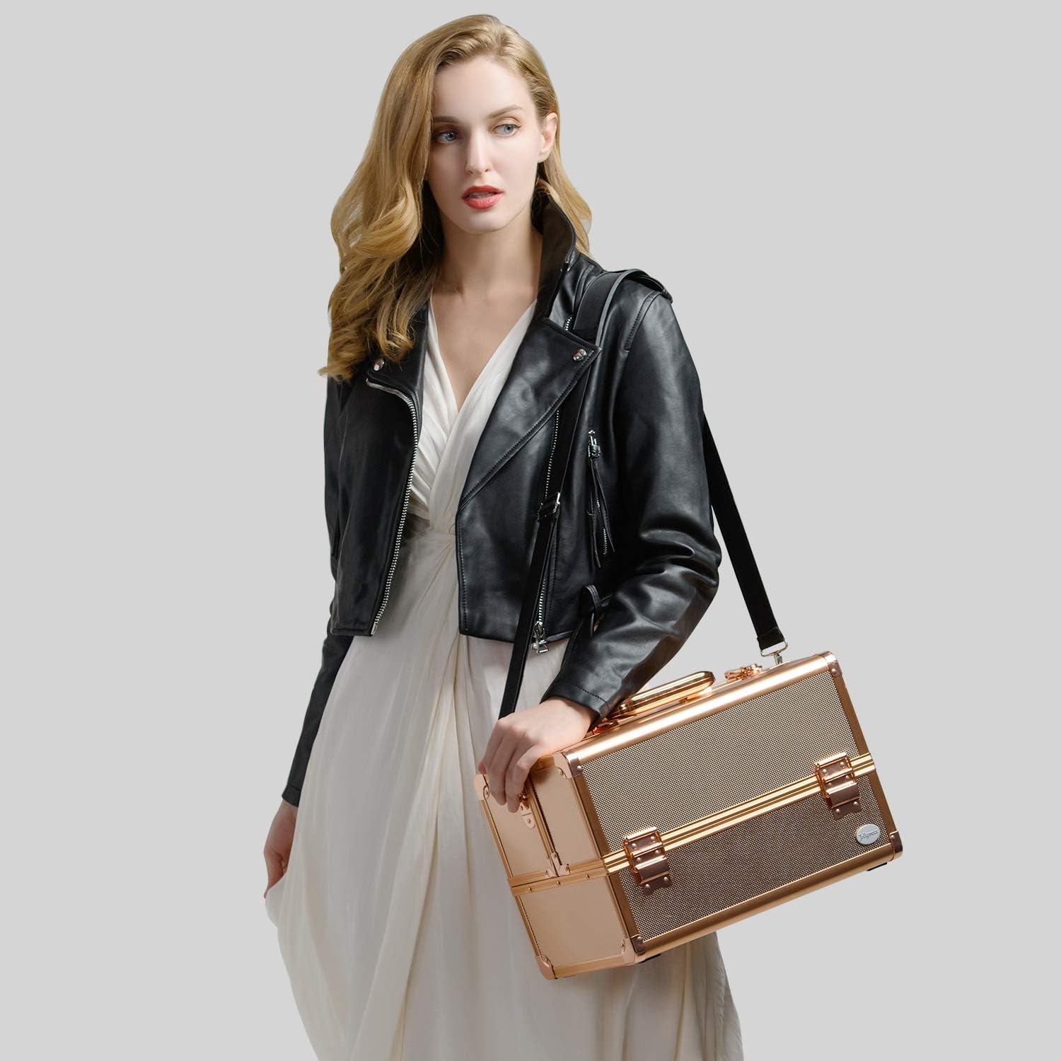 Joligrace Makeup Train Case Professional - 13.5 Inch Portable Artist Lockable Aluminum Cosmetic Organizer Storage Box with 4 Adjustable Dividers Trays 2 Locks and Shoulder Strap Rose Gold : Beauty & Personal Care