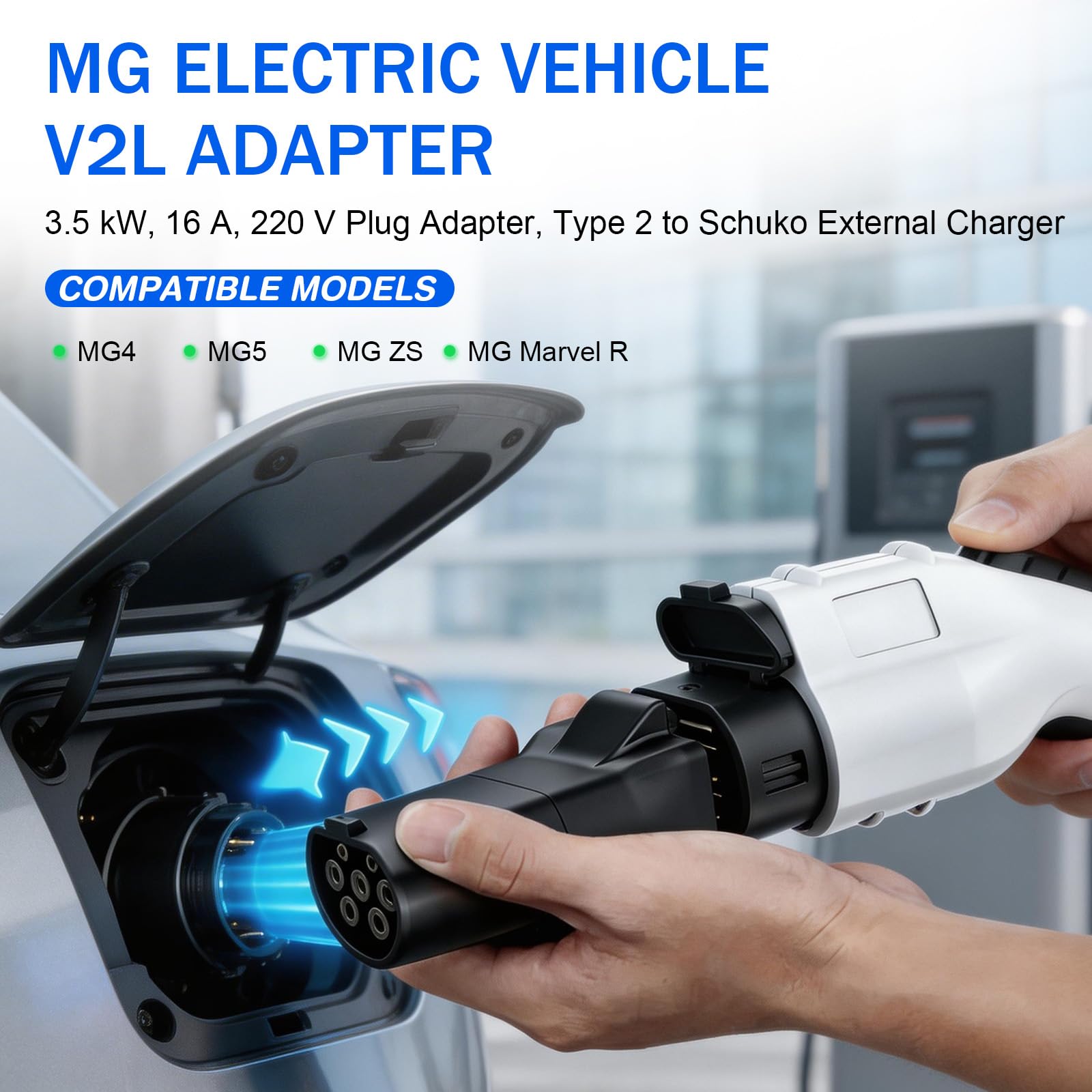 Adaptador V2L Tipo 2 a Schuko para MG EV - 3,5kW 16A 220V Descargador Enchufe Coche Eléctrico, Compatible MG4 MG5 MG ZS Marvel R, Camping