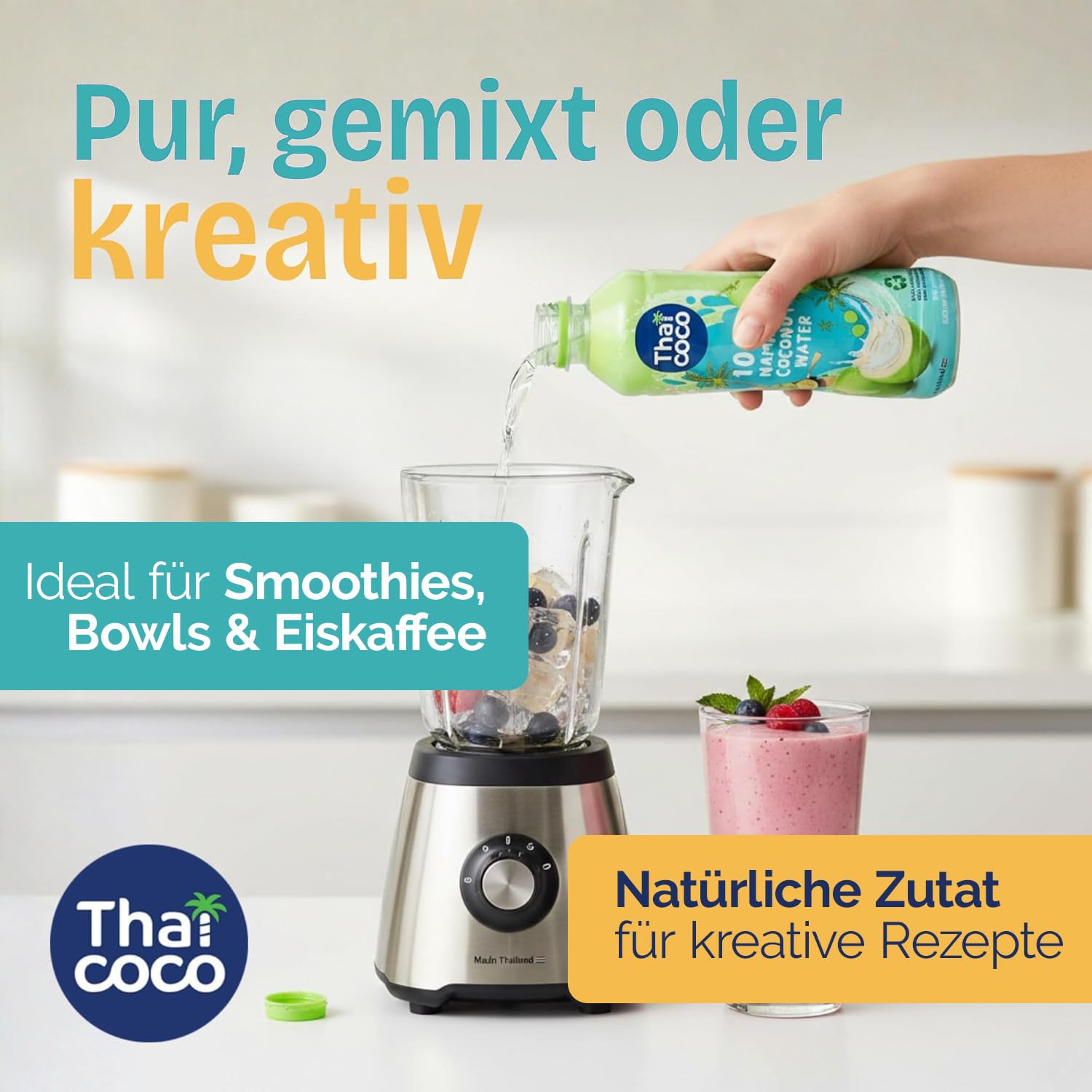 Thai Coco 100% Nam Hom Kokoswasser, natürlich hydrierend mit Elektrolyten, ohne zugesetzten Zucker, ohne Konservierungsstoffe, 24 x 350 ml PET Flasche – Frischer Geschmack aus Nam Hom Kokosnüssen