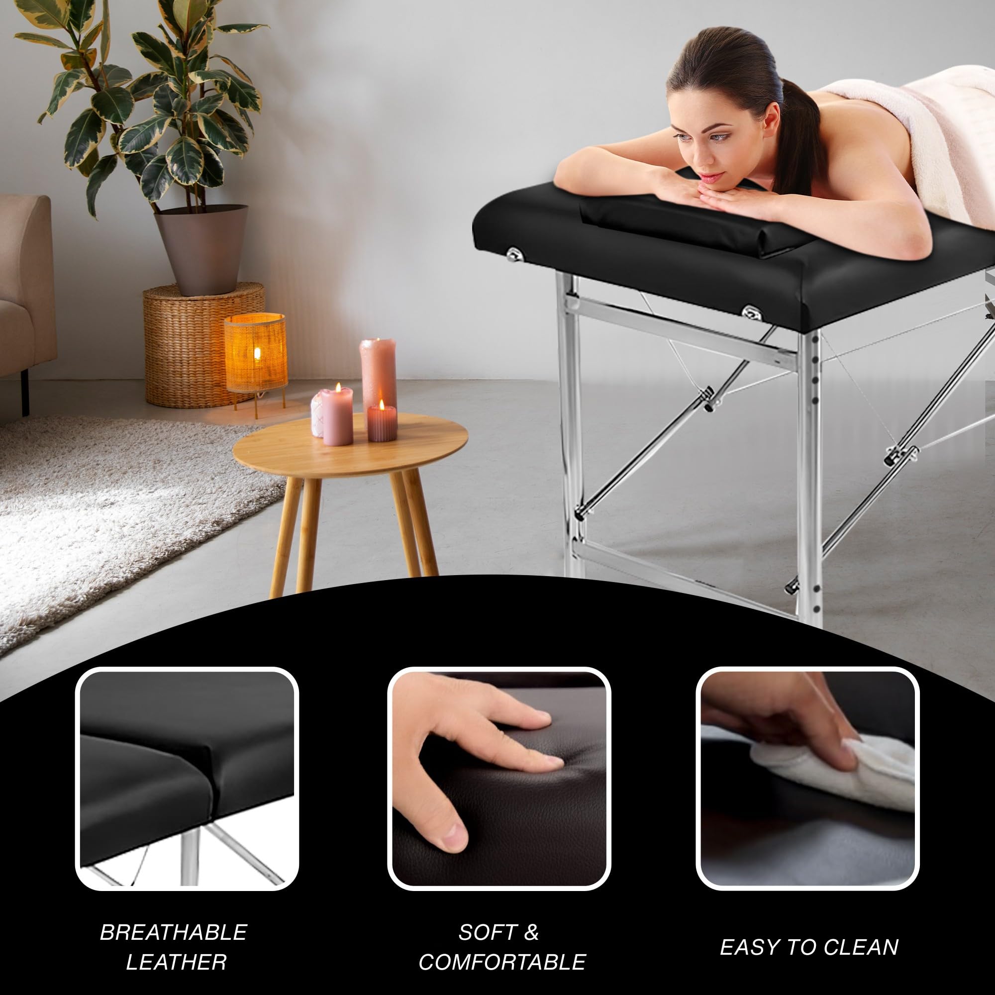 Table de Massage Pliante Professionnelle Maya 2 Zones - Lit Esthétique Léger en Aluminium | Table Pliante Hauteur Réglable 60-80cm | Revêtement Cuir Synthétique avec Poignée, Noir