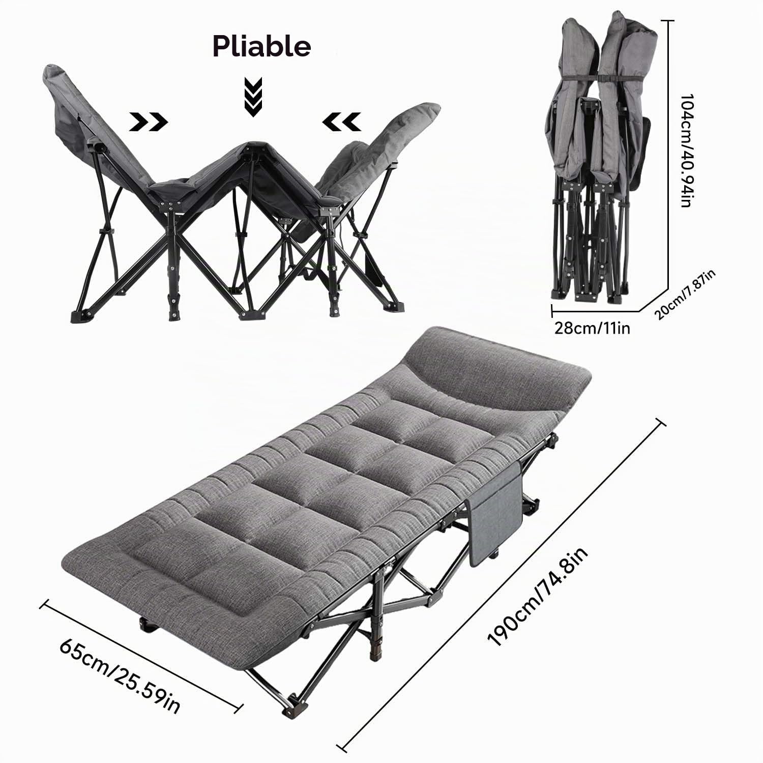 Lit de Camping Pliable avec Oreiller et Poche Latérale, Lit de Camp Rembourré 190 x 65 cm, Cadre en Acier jusqu’à 200 kg, Lit d’Appoint Portable avec Sac de Transport pour Camping, Jardin, Bureau