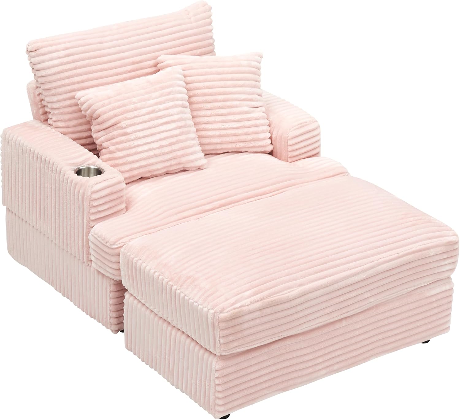 Spring Upholstered Armchair and Ottoman Set with Cup Holder, Corduroy Fabric, Oversized Chaise Lounge for Living Room or Bedroom, Comfortable Recliner Chair with Ottoman, Cozy Accent Furniture (Pink)