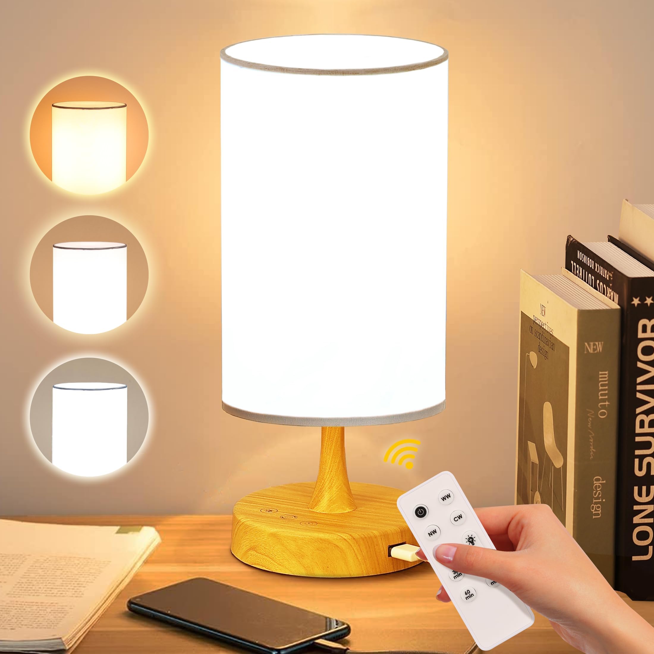 Light Therapy Lamp, 10000 Lux Light with Remote Control, 3 Color Temperature & 4 Brightness Level & Timer, Daylight Lamp for Home, Office, Decoration(Wood Base White Shade)