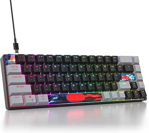 Teclado mecánico 65% de 68 teclas con cable para juegos con interruptor rojo, efecto de iluminación RGB, teclas PBT, mini teclado ultracompacto