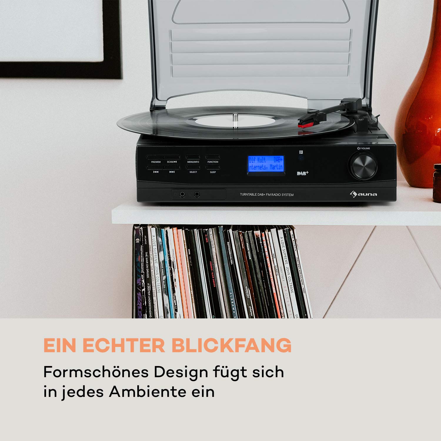 auna TT-186 DAB Plattenspieler - DAB+, FM Radio, Bluetooth-Funktion, Riemenantrieb mit 33, 45 U min, AUX-Eingang, Line-Ausgang, Schlaffunktion, inkl. Kopfhörer-Anschluss