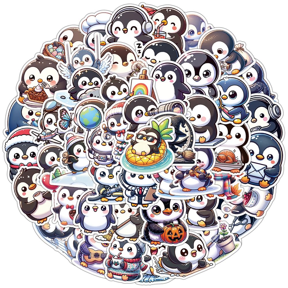 Cute Penguin Vinyl Stickers, 50 PCS Waterproof Cartoon Animal Decals for Laptops Scrapbooking, Journals, Notebooks