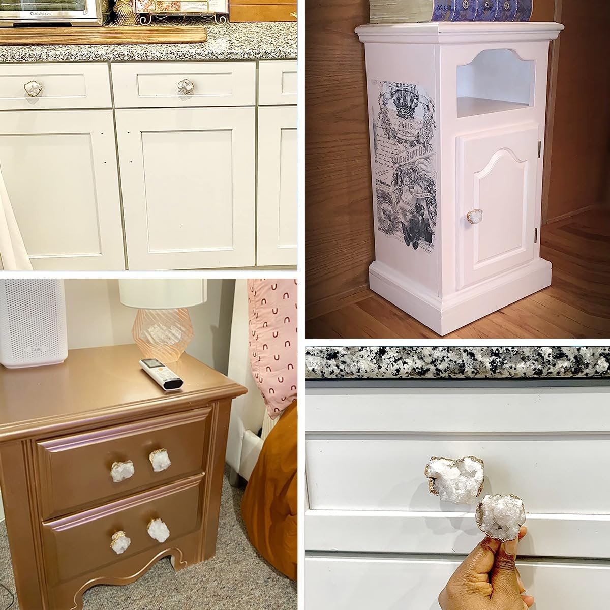JIC Gem 4 Pack Crystal Stone Cabinet Knobs Quartz Geode Druzy Gold-Plated Handles Natural Gemstone Cupboard Drawer Pulls for Home Office Décor