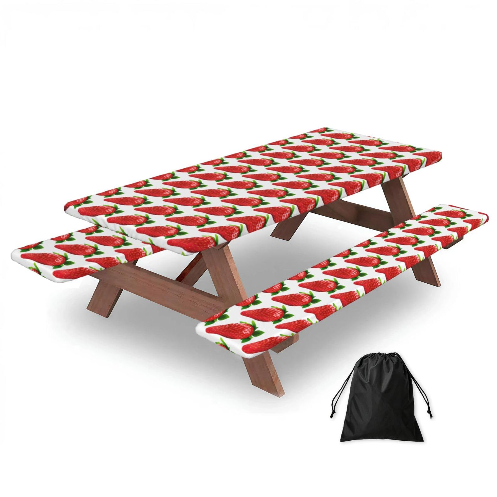 Zyjhyy Black Strawberry Clipart Print Party Table Covers With Bench Covers Set Of 3 Picnic Table Cloth Wipe Clean For Garden Camping