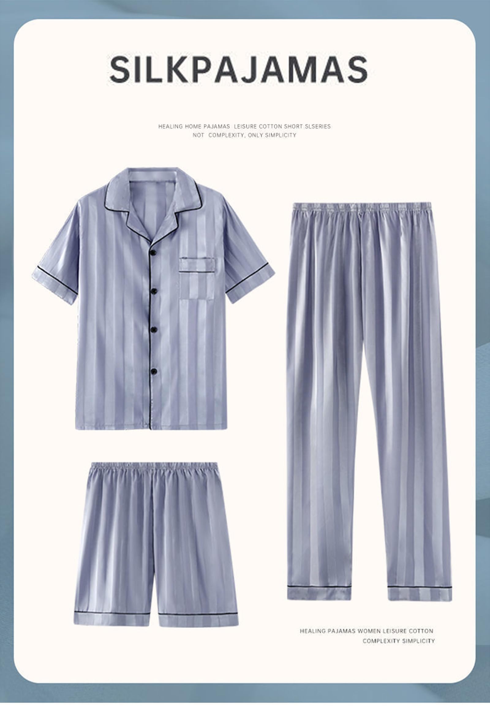 Pigiama da Uomo in Seta Imitazione a 3 Pezzi Set di Raso a Maniche Lunghe Plus Size Pigiameria Loungewear Pjs Set L-5XL