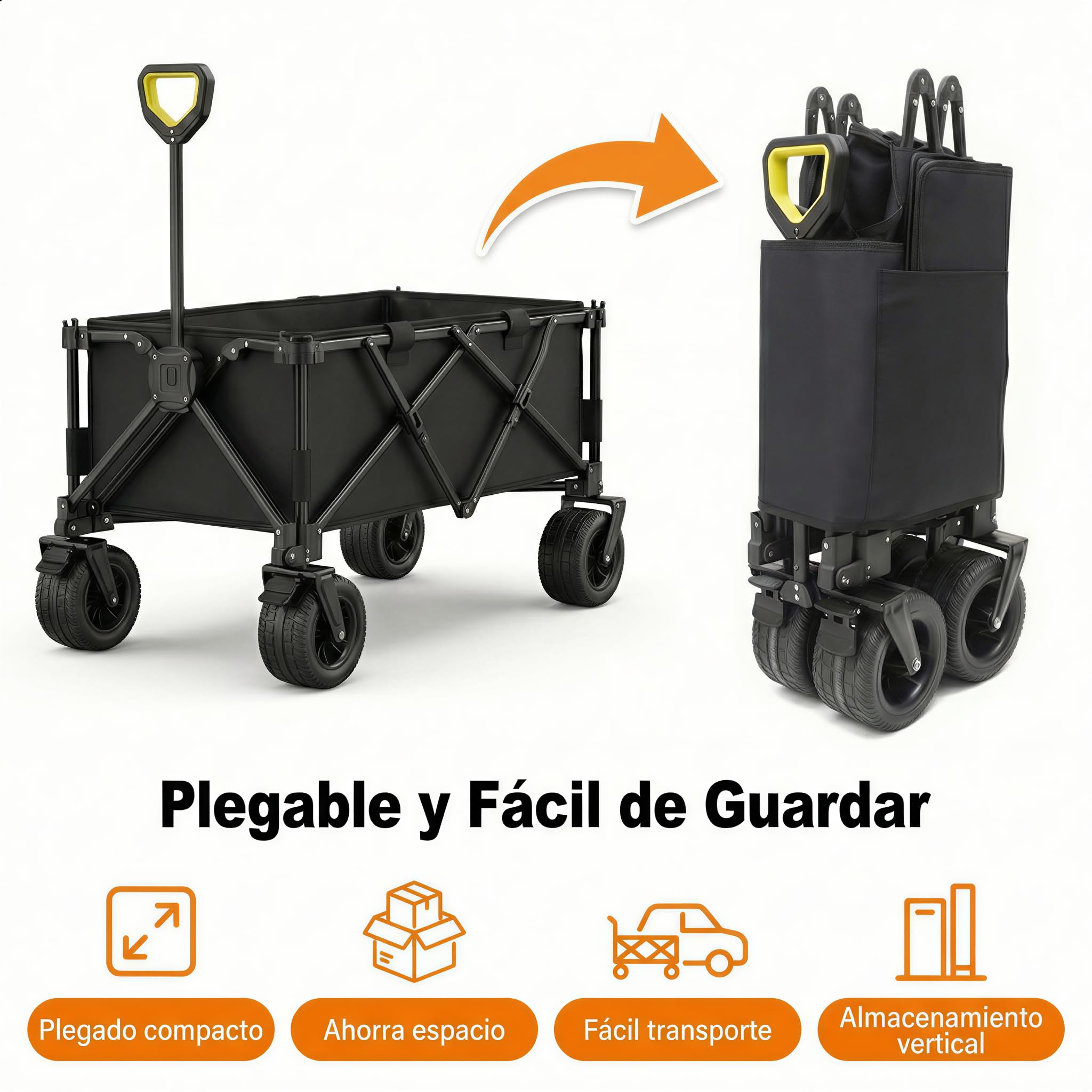 Carrito Plegable de Playa y Camping 120 kg, Carro de Transporte con Ruedas Anchas Todoterreno 360°, Tela Oxford 600D Impermeable, Mango Telescópico, Freno, Base Reforzada y Funda, Negro