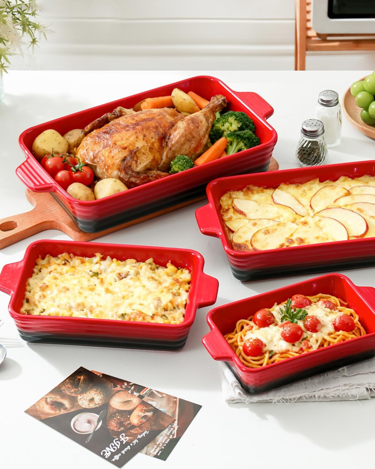 Casserole Dishes For Oven, Heat-Resistant Ceramic Bakeware Set Of 4 Rectangular Baking Dish Set With Handles For Lasagna, Cake, Pie, Dinner, Cooking, Ceramic Baking Dish, Red (9.4"/11.1"/12.2"/14.7") - Image 6