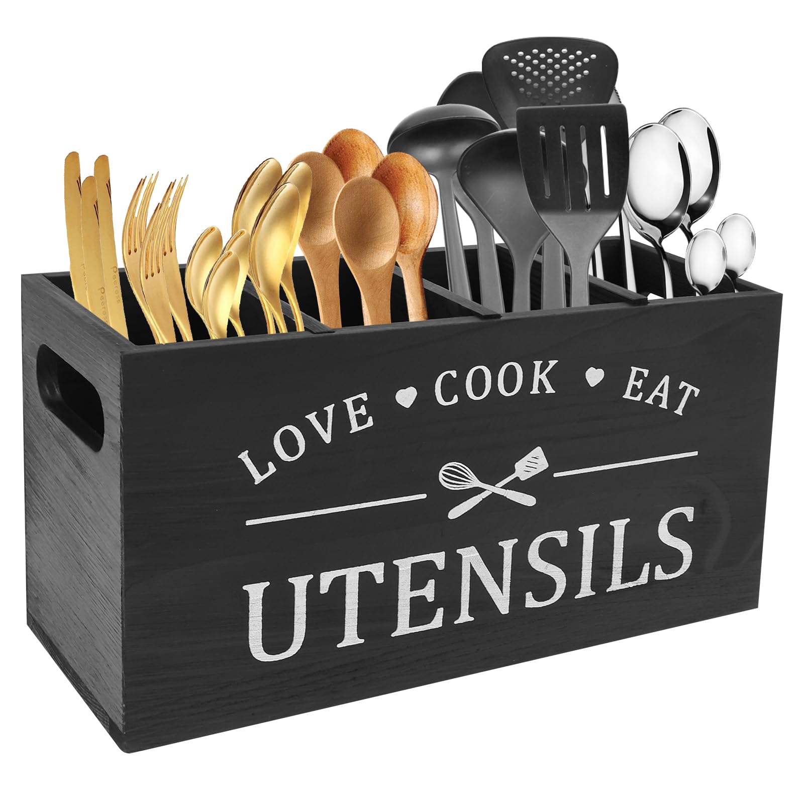 Portautensili Da Cucina Legno - 3 Scomparti Stile Rustico
