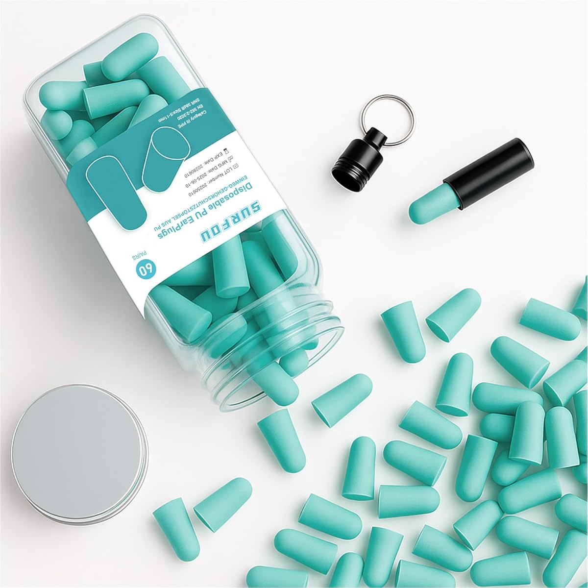 SURFOU Ohrstöpsel zum Schlafen 60 Paare, Geräuschreduzierung 38dB, Wiederverwendbar & Umweltfreundlich, Bequemer Sitz für Seitenschläfer, Ideal für Reisen, Zuhause & Studium, Blaugrün