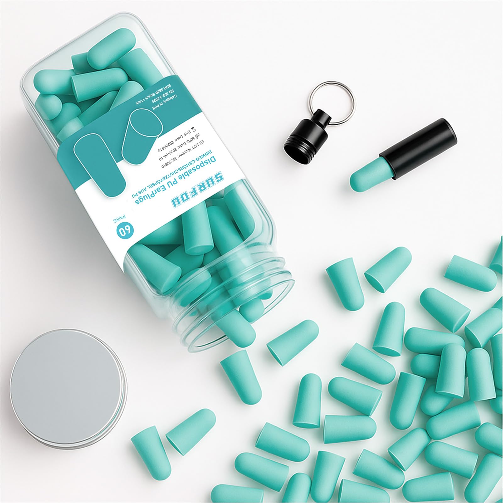 SURFOU Ear Plugs for Sleep 60 Pairs, Ultra Soft Foam Earplugs, 38dB Noise Reduction, Reusable, Ideal for Side Sleepers, Concerts, Travel, Work, Home & Study, Blue-Green