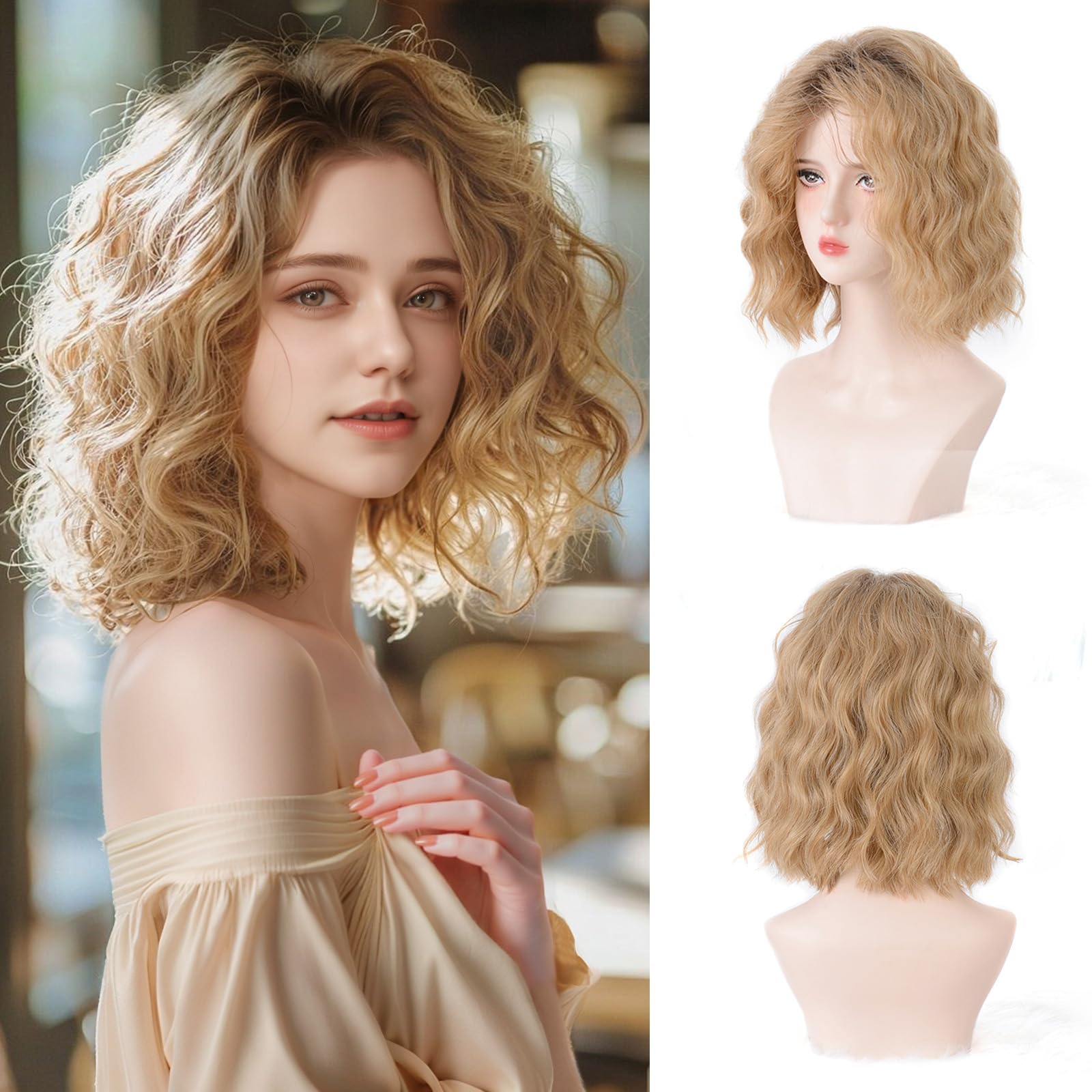 Photo 1 of Novastel Short Ombre Ash Blonde Wavy Bob Wig for Women Shoulder Length Curly Glueless Human Hair Wigs Free Part Breathable Natural Look for Daily and Party (Blonde,14 inch)