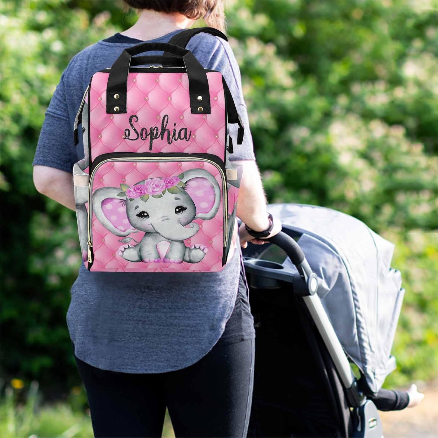 M YESCUSTOM Custom Name Diaper Bag with Animal for Women, Personalized Nursing Mommy Daypack with Large Capacity, Multifunction Travel Backpack, Birthday Gift for Wife Pink