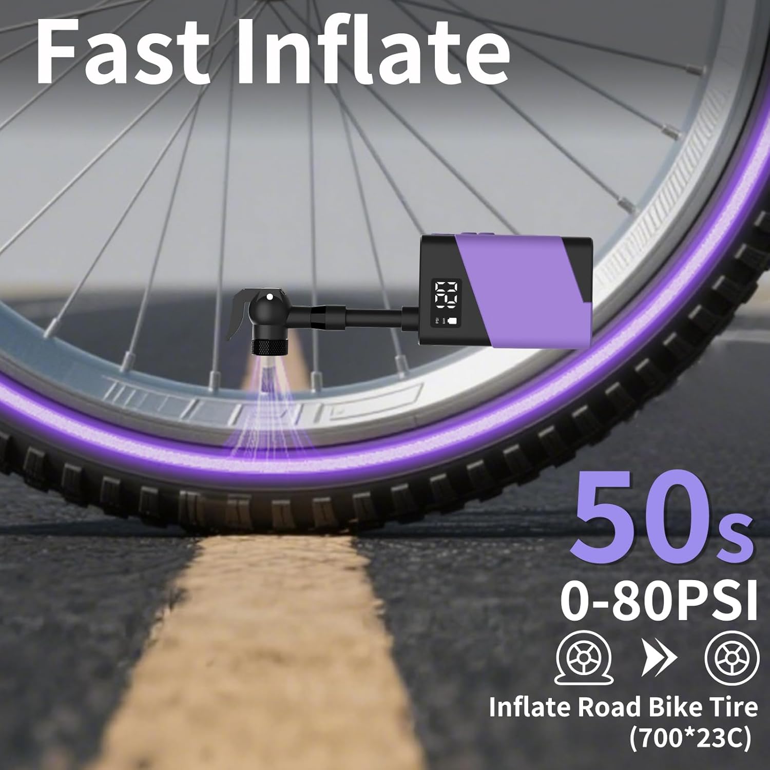 Mini Electric Bike Pump,Compatible with Presta Schrader Clik Dunlop Valves,120 PSI Portable Inflator with LED Display, 50s Fast Inflation, Pressure Memory, USB-C Rechargeable