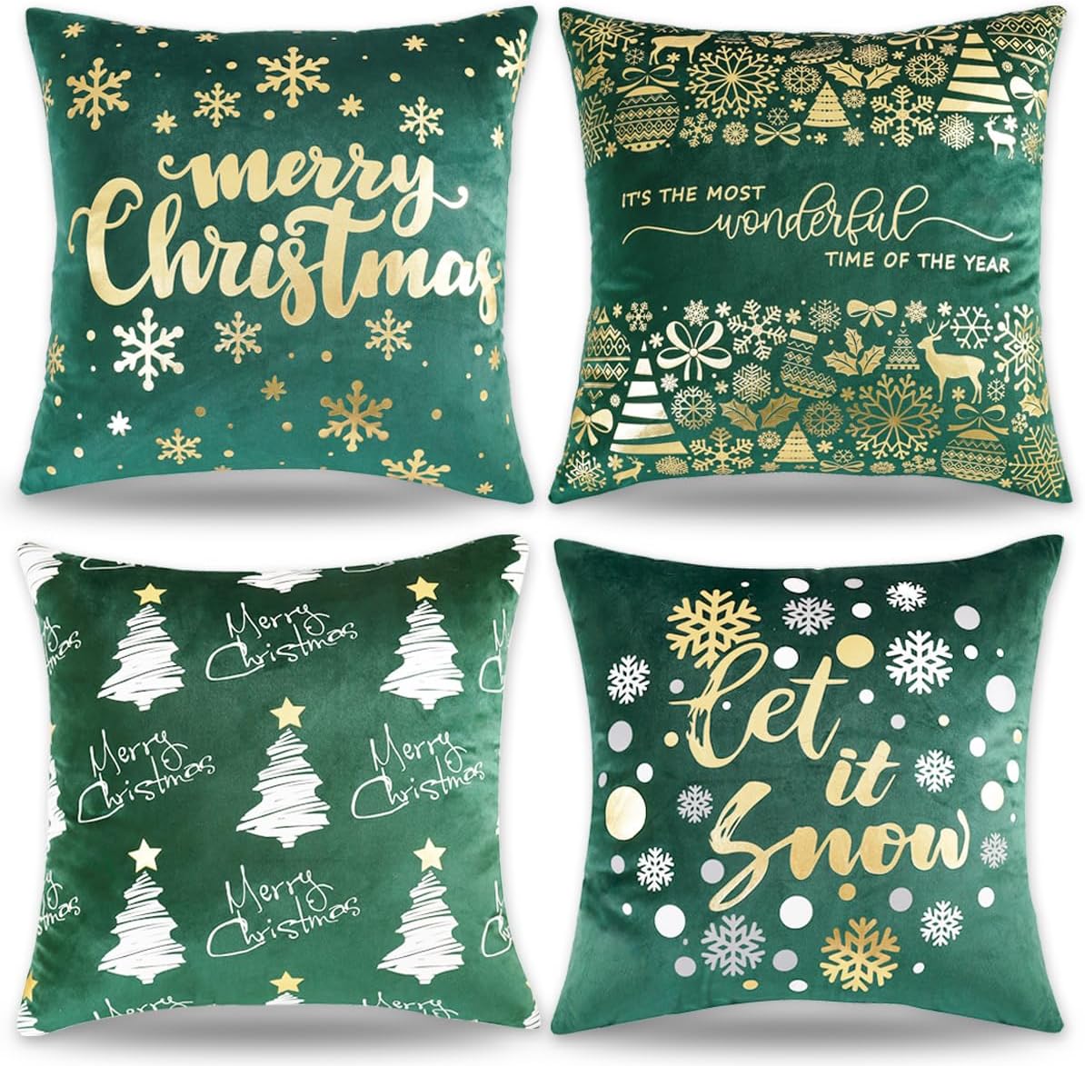 JOJOGOGO Christmas Decorations - Green & Gold Christmas Pillow Covers Set of 4, Merry Christmas Tree Decorative Throw Pillows 18 x 18 for Home