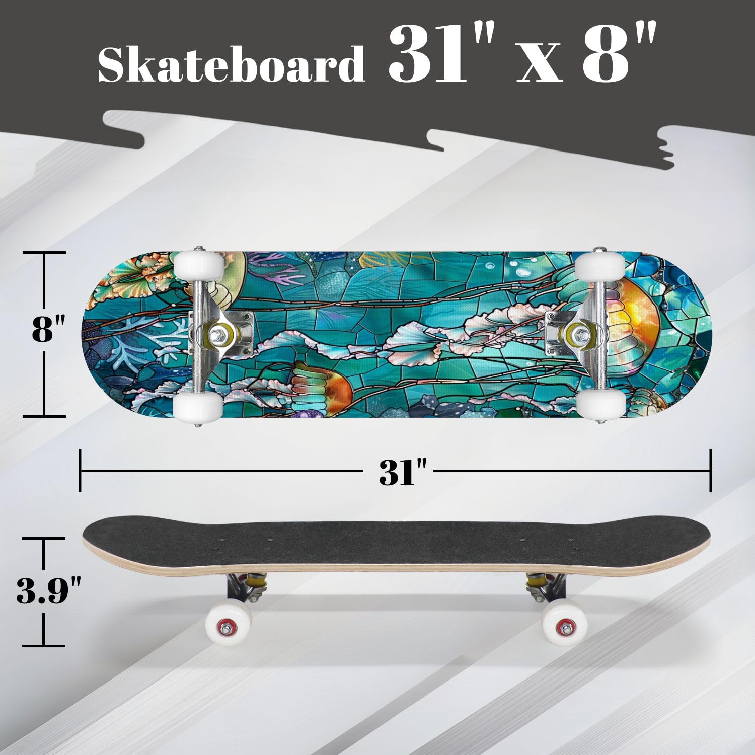 Complete Skateboard with Acrylic Underwater Ballet Art Jellyfish Seahorses Teal Blue Beginner Skateboard 7-Layer Maple Wood Double Kick Concave Skateboards for Kids, Adults, Teens 31