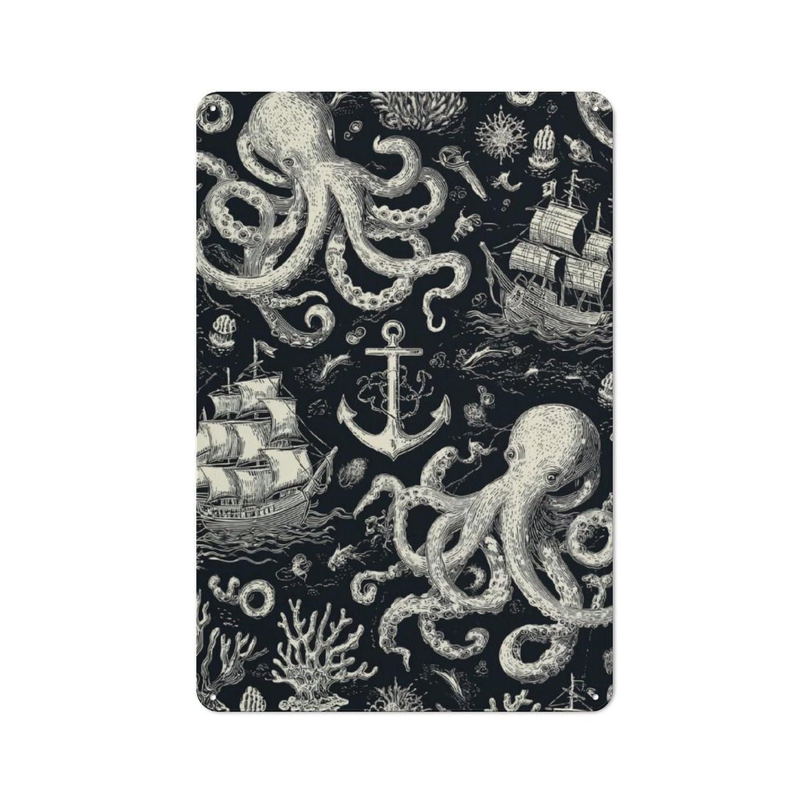 Junmoney Oceanic Whimsy Octopus & Sailing Ships For Lounge Or Reading Corner, Retro Metal Sign 30X20cm, For Metal Sign Collectors, For Garage And Workshop Walls
