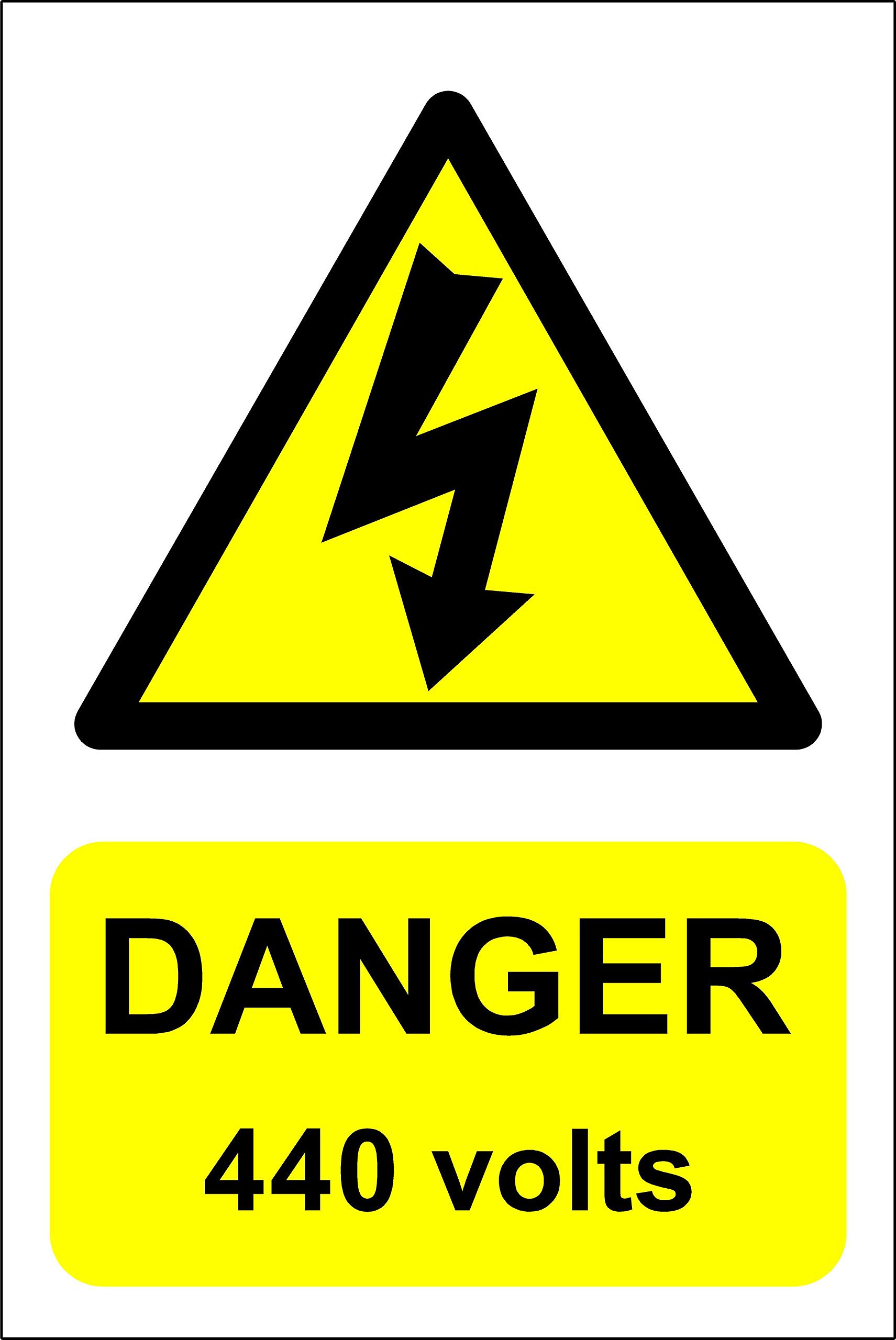 Danger 440 volts Electrical safety sign - Self adhesive sticker 300mm x 200mm