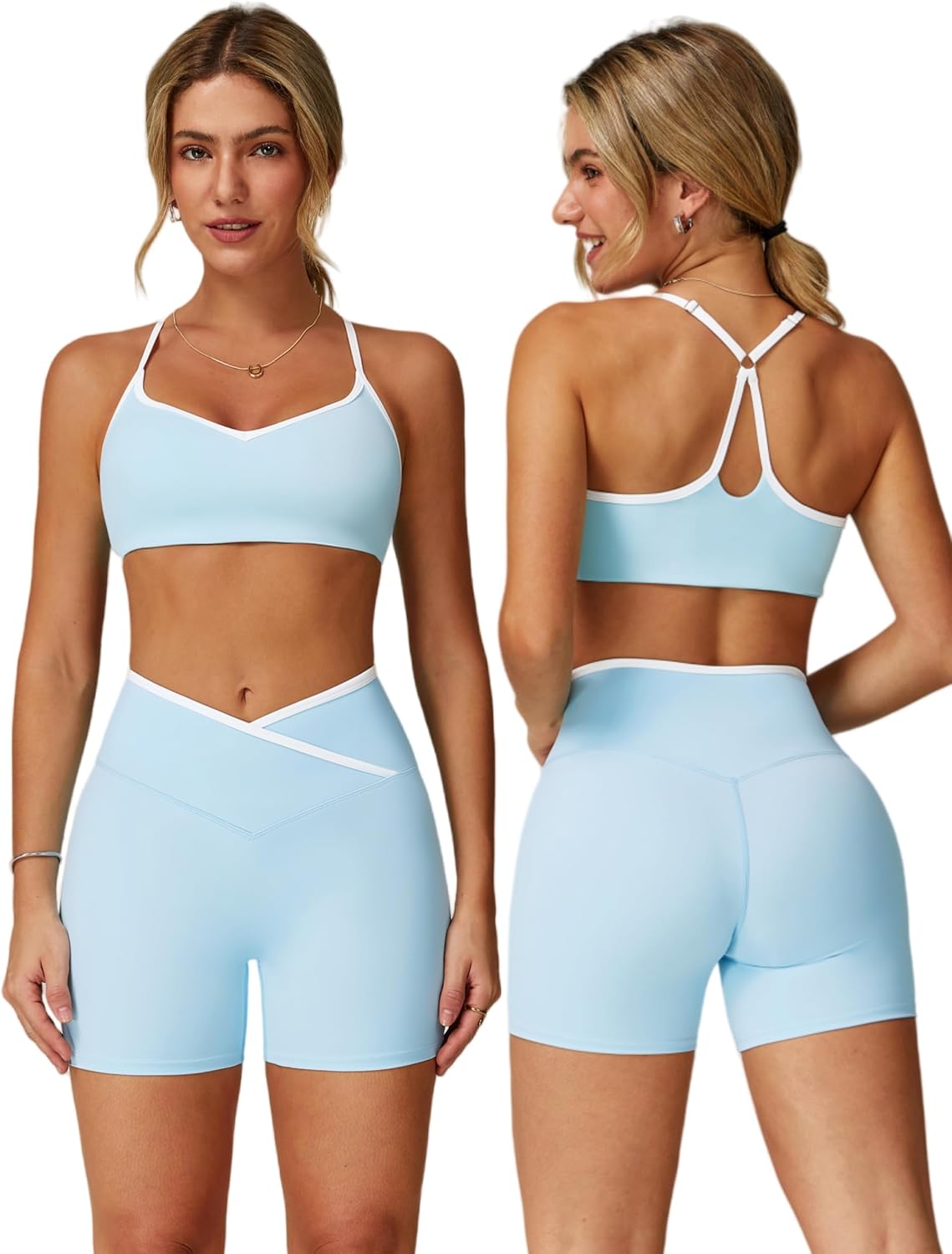 ABOCIW Workout Sets for Women 2 Piece Color Block Strappy Sports Bra Crossover High Waist Shorts Gym Yoga Pilates Outfits