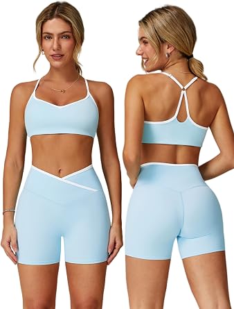 ABOCIW Workout Sets for Women 2 Piece Color Block Strappy Sports Bra Crossover High Waist Shorts Gym Yoga Pilates Outfits